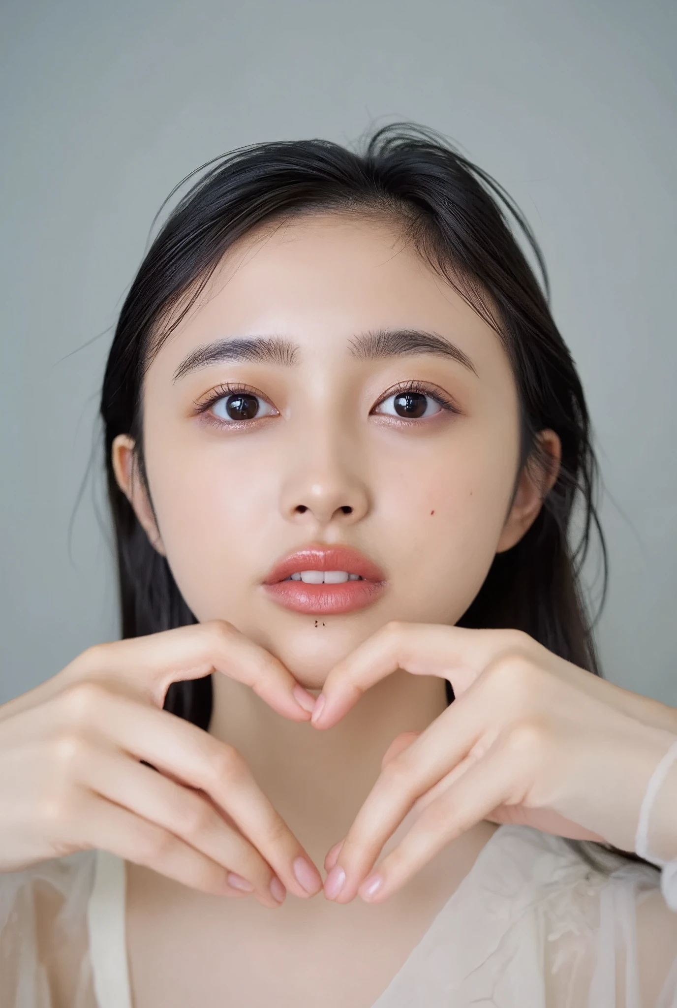 Use your hands to make a heart shape and smile brisly:2.0、Tilt your face slightly to the right ;2.1 (Ultra-Accurate Human Anatomy, Best Quality、RAW Photos、8k、32K、masterpiece、Realistic、Photorealistic:1.37)、Cute Japanese women images、Tank tops、Photographed in natural light、 upper body、1 girl、Photo Mapping、 Physically Based Rendering 、Excellent image quality、High resolution、1080P、(Beautiful Face)、(Detailed description of the face)、(Detailed explanation of the hand setter's muscle area)、(Detailed CG)、Rich details、(Stunning Features:1.35)、(Detailed eyes)、I look forward to your eyes、Delicate clavicle、Various poses、非常にリアルで詳細な若い女性の upper bodyポートレート。The skin is clear、A soft light reflects off the high points of the cheeks.、Fine pores and hair follicles、Even the thinnest blood vessels are visible。The skin is smooth、A natural flush to the cheeks、Gives off a healthy glow。The eyes are large and clear blue、The iris has a fine pattern、The light reflects off your eyes and shines。There is a slight shadow under the eye、Eyelashes are long and naturally curled。Her lips are a soft pink color、Smooth texture and natural shine、Reflects light slightly。The woman is wearing a simple white top.、The background is a faint monochromatic gradient.、焦点は完全に顔と upper bodyに当たっている。Realistic shadows and textures、The depiction is like a photograph.。