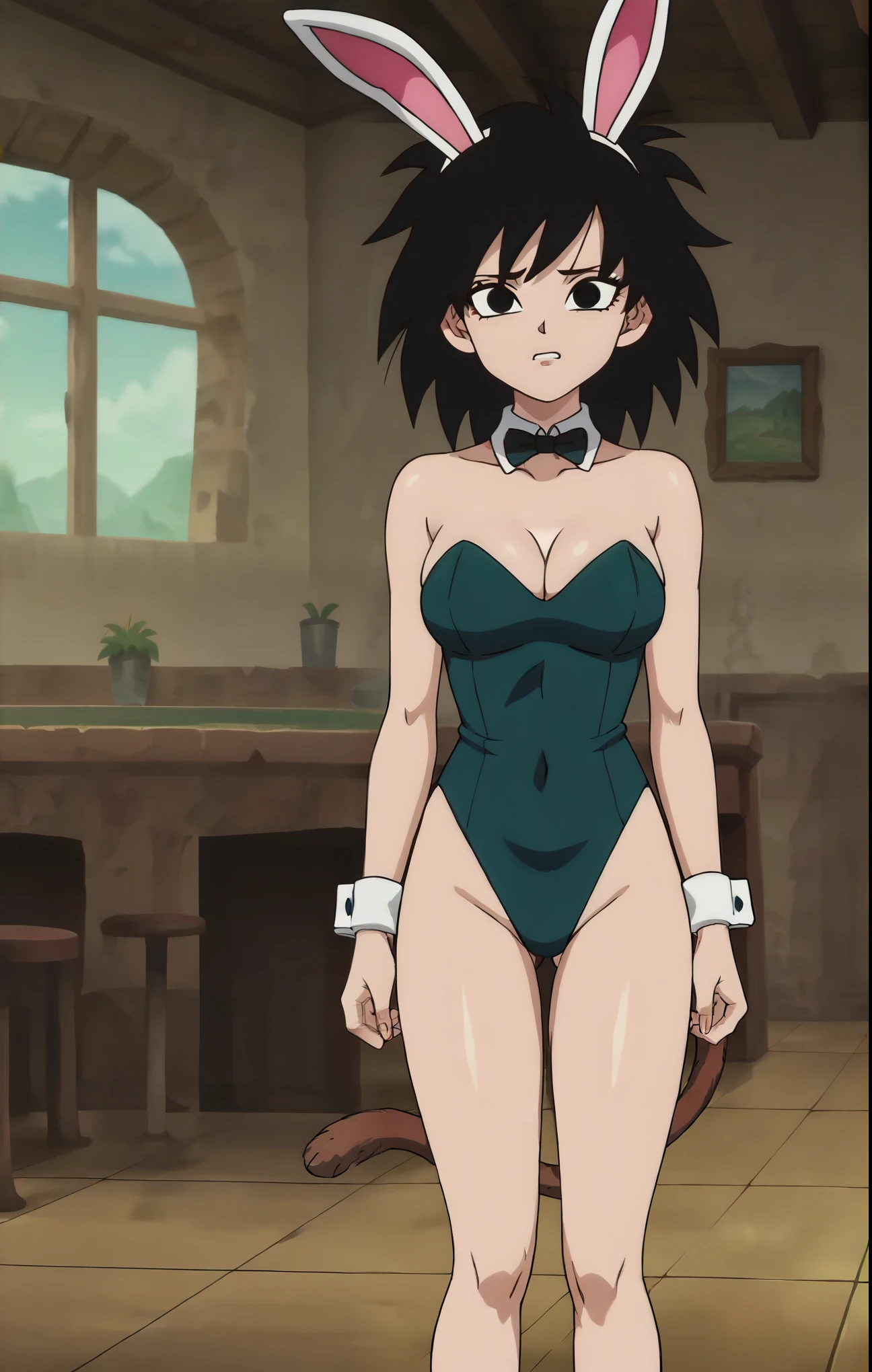 source_anime, score_9, score_8_up, score_7_up, anime screencap, absurd res, official style, gine, black hair, medium hair, spiked hair, black eyes, playboy bunny, mansion, indoors, tail through clothes, monkey tail, looking at the viewer