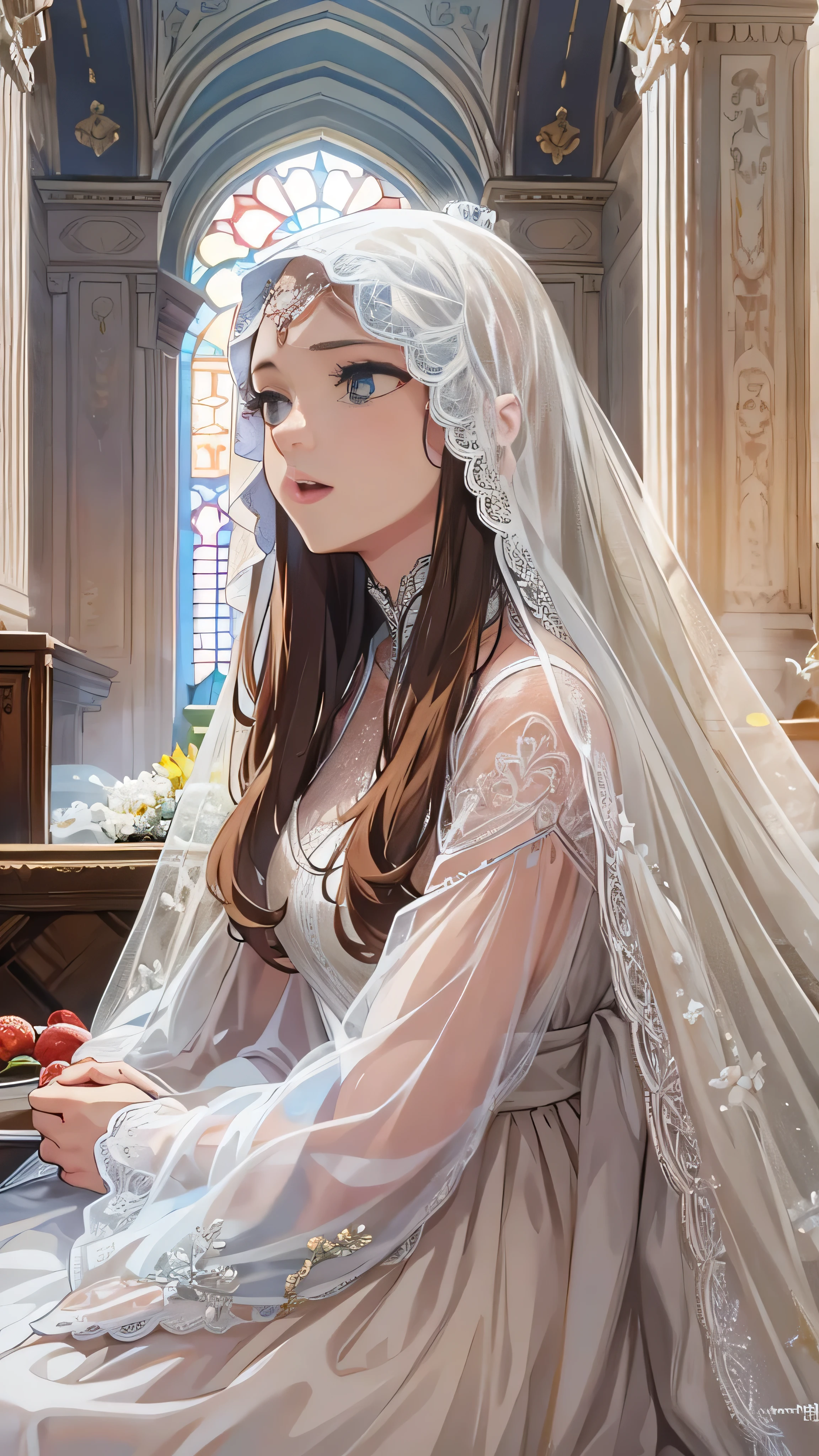 With high definition images，Head veil, White Veil, Chestnut Hair, Grey White, Gubes&#39;s art style, Beautiful girl, Facial details, White eyeballs, White Eyes, national style, Inside the church