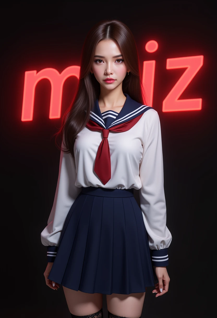 realistic, high res image, masterpiece, best quality, young woman, cute, fair skin, brown shiny long hair, ultra detailed eyes, thick lips, dark background, school uniform, white long sleves shirt, navy skirt, black lace leg wear, black lace thighhigh, bold text "MViz" with glow red letters