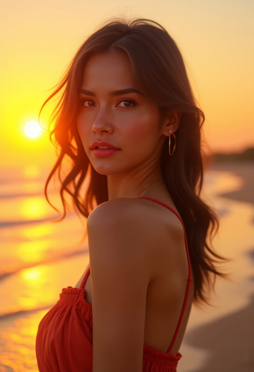 a woman wearing summer outfit on the beach, sunset, afternoon, golden sky, sun rays, warm lighting, beautiful detailed eyes, beautiful detailed lips, extremely detailed skin and face, long eyelashes, detailed clothing folds, photorealistic, 8k, highly detailed, masterpiece, professional photo, vibrant colors, golden hour lighting, cinematic, elegant, serene, peaceful