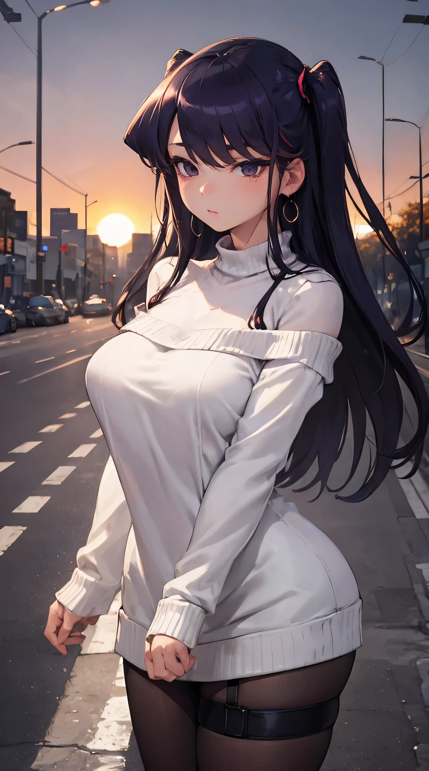 Komi Shouko, masterpiece, Best quality, 1 girl, 18 years, Big breasts, purple hair, multicolored hair, bangs, one side up, long hair, purple eyes, hairclip, jewelry, earrings, gyaru, off shoulder, red sweater, sweater dress, long sleeves, black pantyhose, (street city background), (Sunrise:1.2), hand behind your back, near the wall, Front View of Viewers., thigh strap, head tilt, bored, watery eyes,