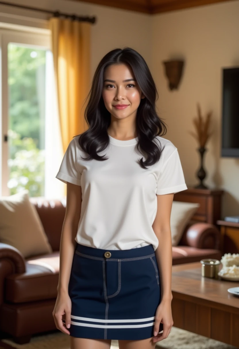 Realistic photo, wearing white t-shirt and navy skirt with white strips, standing on the living room