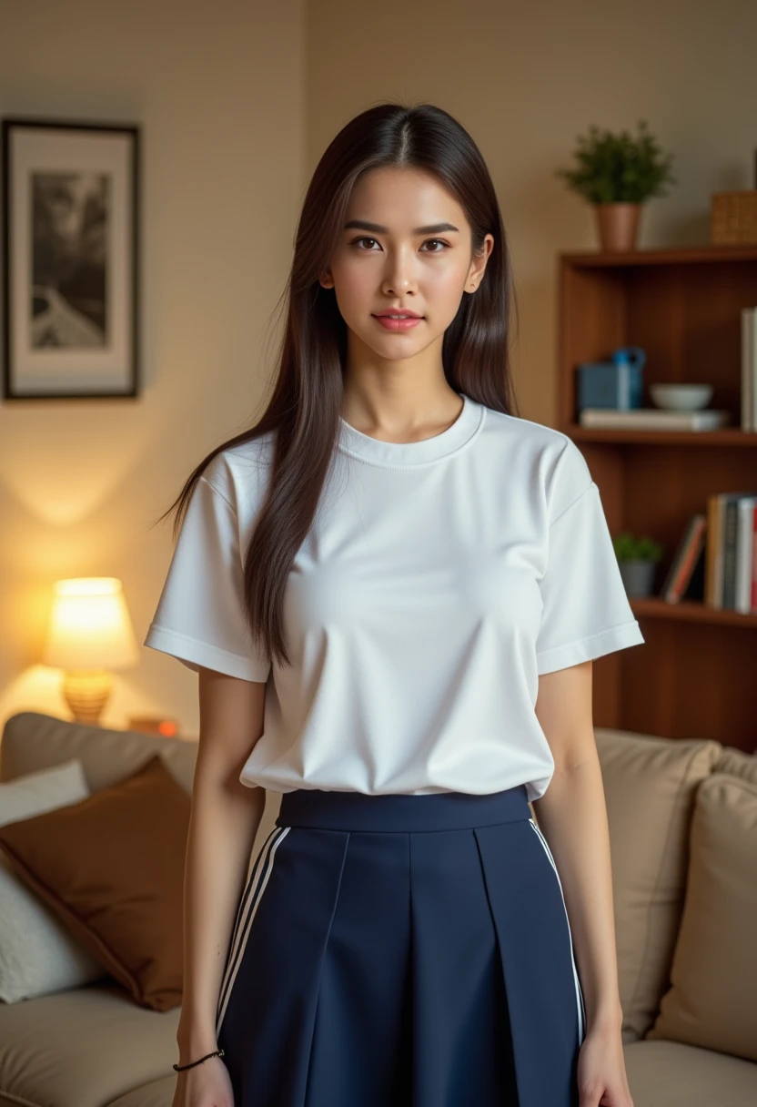 Realistic photo, wearing white t-shirt and navy skirt with white strips, standing on the living room