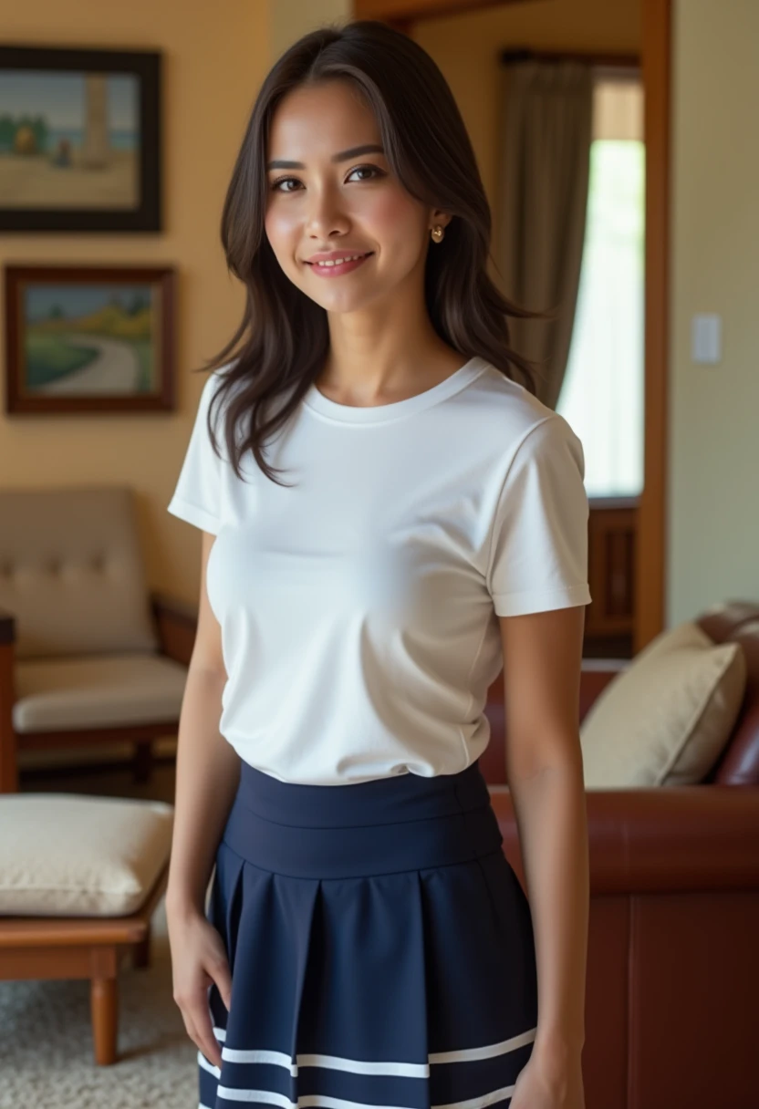 Realistic photo, wearing white t-shirt and navy skirt with white strips, standing on the living room