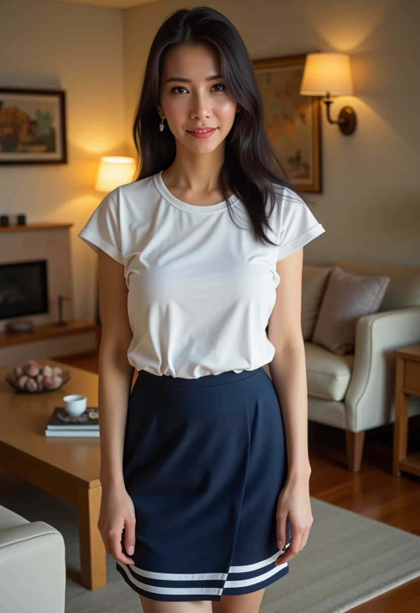 Realistic photo, wearing white t-shirt and navy skirt with white strips, standing on the living room