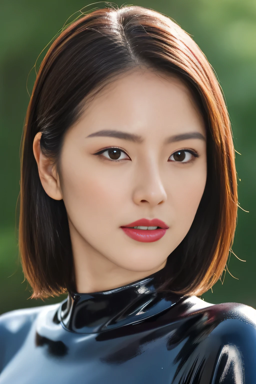 (top-quality、4K、masterpiece:1.3)、A Japanese Lady、1girl in、A sexy:1.1、dark brown hair:1.1、(rainy wet、wet from the rain、a wet body:1.3)、The sheen、ratex、wet suit、hyperdetailed face、Detailed lips、A detailed eye、Red Lipstick
