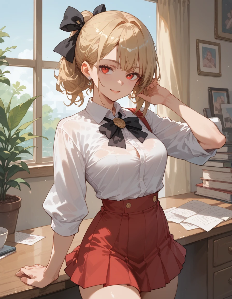 Amelia Watson, 1girl, blonde hair, Short hair, black tights, ssmile, Ultra Detailed, 8K, Masterpiece, detailed legs, Average Breasts, amelia_detective, collared shirt, red necktie, plaid skirt, thighhighs