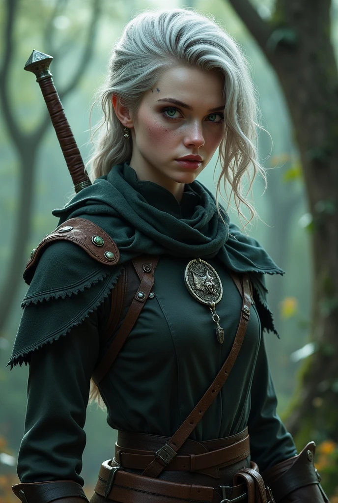 1girl with beautiful face, slim body white hair and light grey eyes, 160 cm, 18 ,ears old in outlaw clothes. 1st century BC roman era in the pannonian basin. In a forest. 