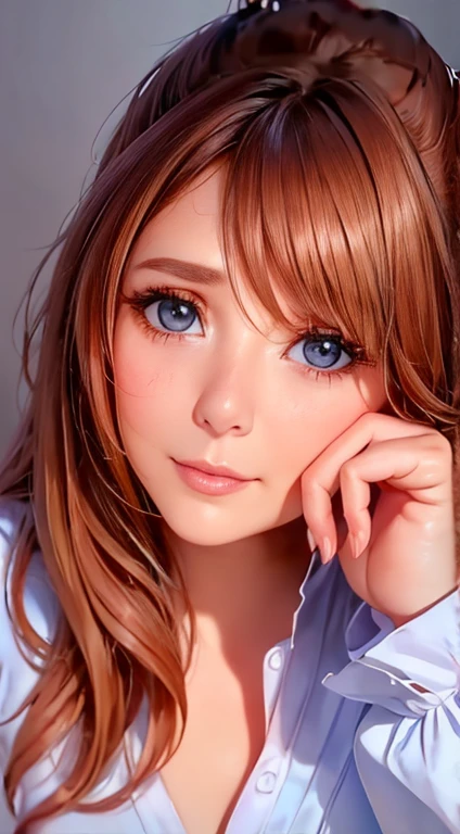 Best Quality、4K quality、Realistic、、cute、zoom、Chestnut Hair、、Gray Eyes、 flat chest、、blouse、Face close-up