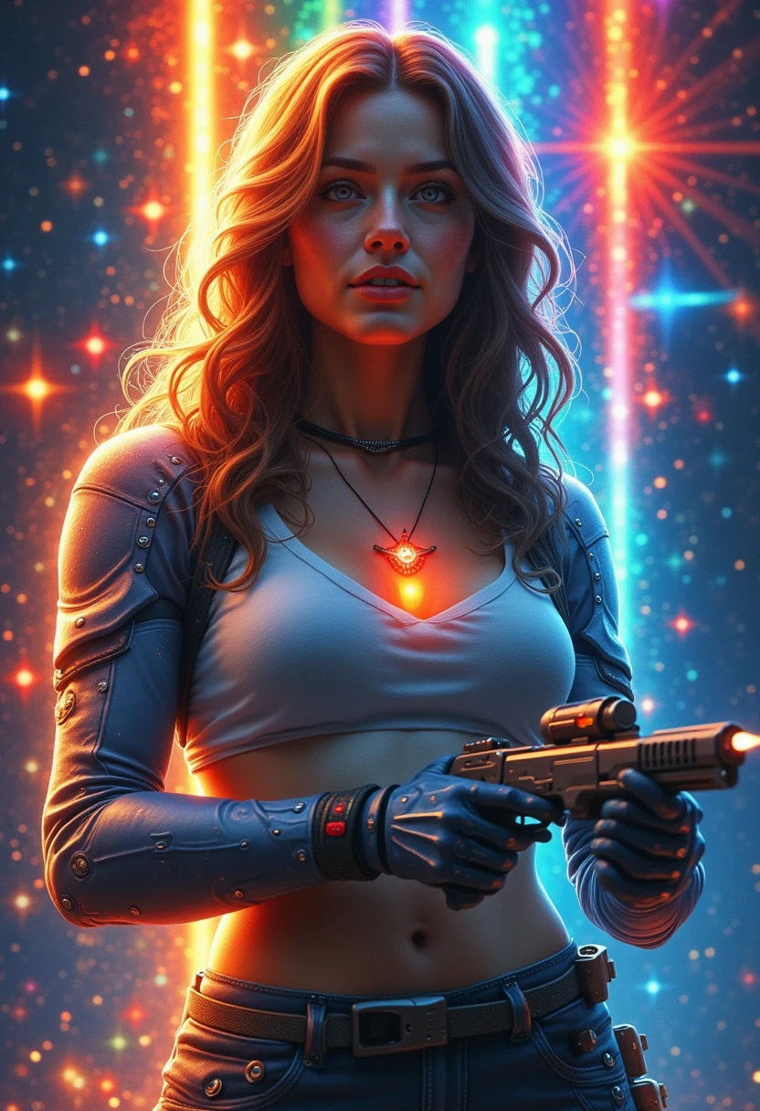 Attractive woman, gunner, cyborg, Realistic Baby, break: Attractive woman, Detailed and accurate mechanical joints, A seamless fusion of human beauty and precision machinery, Mature adult sexuality, break Detailed and realistic skin texture, Precision mechanical joints, Smooth-moving parts, Pneumatic hose, Charming Cleave, break Clear Red Eyes, Aesthetic illumination, break Transparent full color, Holographic Hair, Smooth facial expression, break Ultra-realism, Detailed and realistic skin texture, Detailed and intricate texture, Intricate and complex brushwork, Detailed and vivid depiction, Anatomically correct, Absurd aesthetics, break Attack with a sophisticated and high-performance beam rifle, Get closer to your audience while avoiding enemy attacks, break Leaning forward to approach the viewer, Firing at the audience, Oncoming Bullets, Motion blur to highlight approaching bullets' track, Combat Ready, break Space War, Beautiful space combat, Transparent full color, Amazing rainbow colors, Bold and, 1mlgp1