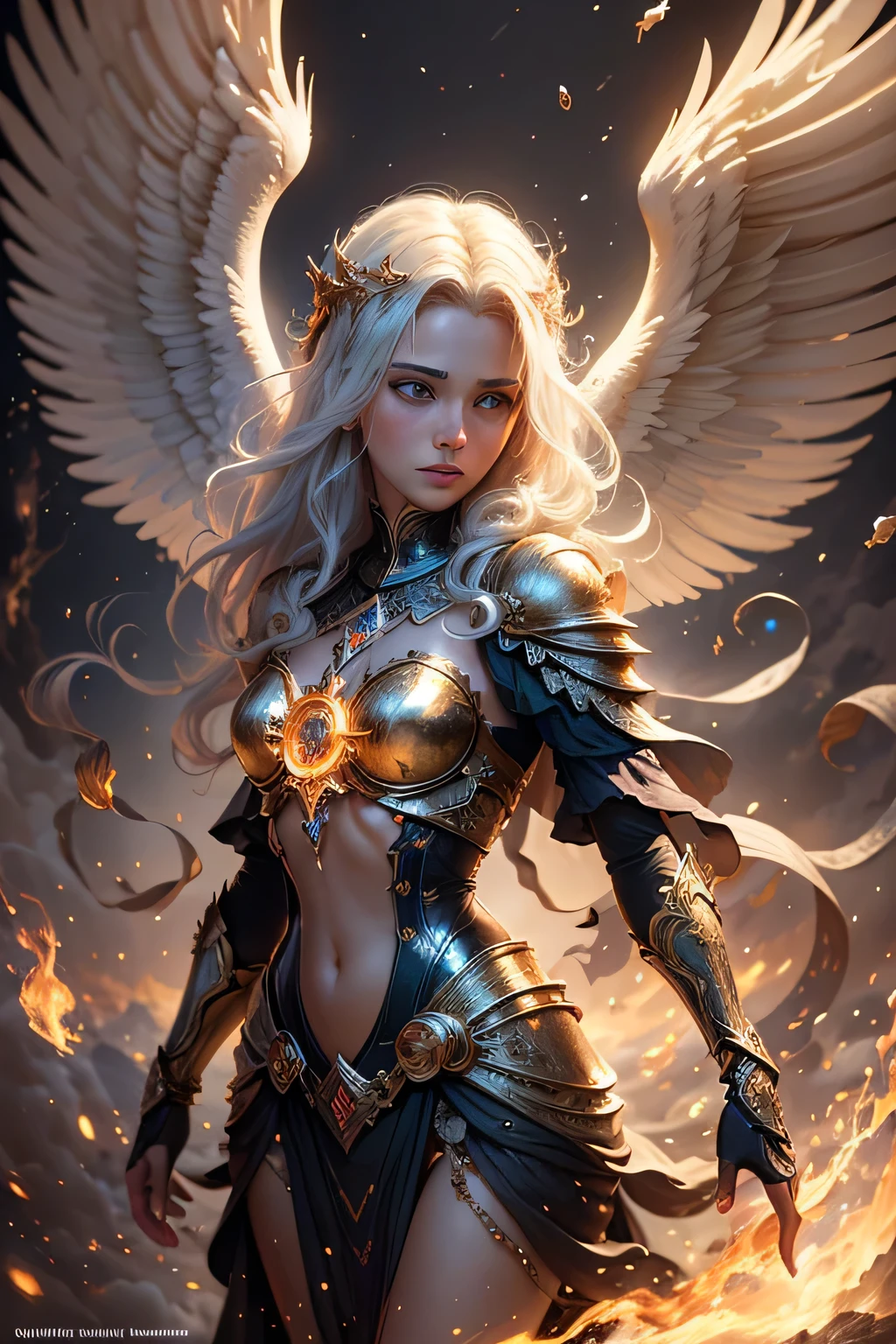 <lora:xuer Angel of the exotic wind_20240118013140:0.8>, 
xuer Angel of the exotic wind, (evil:1.4), (black wings:1.5), 
blonde, beautiful girl, makeup, (armor, military attire, black and white outfit:1.5), 
(night, dark atmosphere, hell on the background, battle, bloody sunset, battle of the immortals, angels and demons:1.4),
dark robes, skulls, unholy, blood, vibrant, mist, ominous, hellfire, (ultra-detailed face, perfect proportions, detailed eyes, red eyes, crystal iris, eyelashes), dark look, cool stance, looking at viewer, demon queen, detailed background, hellscape,
((photorealistic:1.6)),masterpiece, illustration, an extremely delicate and beautiful, extremely detailed ,CG ,unity ,8k wallpaper, Amazing, finely detail, masterpiece,best quality,official art,extremely detailed CG unity 8k wallpaper,absurdres, incredibly absurdres, huge filesize, ultra-detailed, highres, cinematic lighting, perfect quality, best eyes, clear face, quality eyes, masterpiece, best quality, beautiful lighting, solo, RAW photo, 8k uhd, film grain, gorgeous quality, best quality,