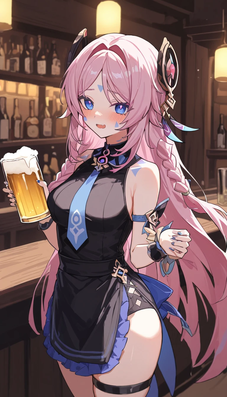 citlali ,シトラリ(genshin impact),1girl,cowboy shot,drunk,holding beer glass,waitress,pink hair, parted bangs, very long hair, hair down,braids,(facial Mark), blue eyes,(pink pupils),Genshin Impact Style, AddXL,beautiful detailed, hyper detail, masterpiece, best quality, bright,citlali,bar \(place\)