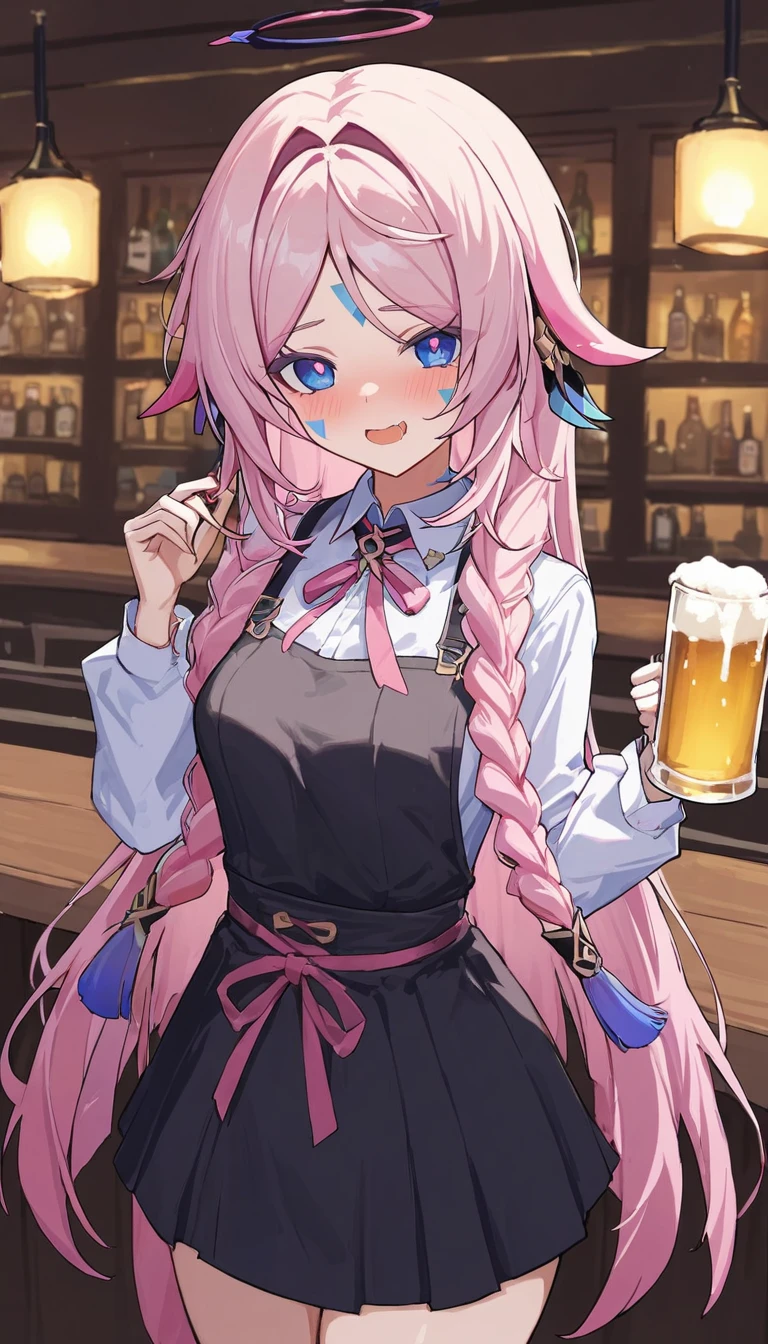 citlali ,シトラリ(genshin impact),1girl,cowboy shot,drunk,holding beer glass,waitress,pink hair, parted bangs, very long hair, hair down,braids,(facial Mark), blue eyes,(pink pupils),Genshin Impact Style, AddXL,beautiful detailed, hyper detail, masterpiece, best quality, bright,citlali,bar \(place\)