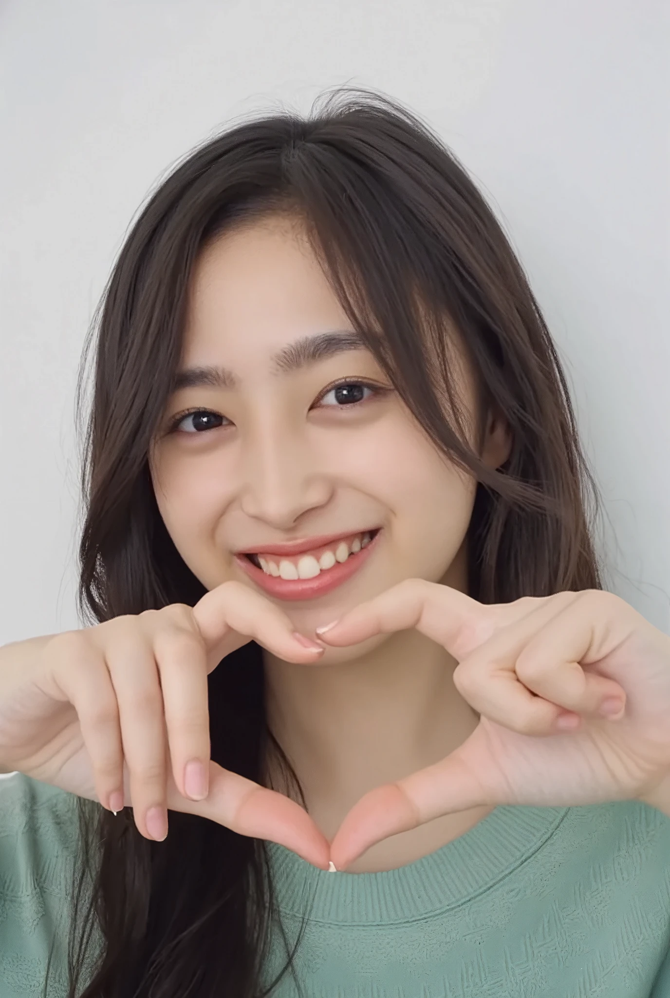 Use your hands to make a heart shape and smile brisly:2.0、smile:2.1 (Ultra-Accurate Human Anatomy, Best Quality、RAW Photos、8k、32K、masterpiece、Realistic、Photorealistic:1.37)、Cute Japanese women images、Tank tops、Photographed in natural light、 upper body、1 girl、Photo Mapping、 Physically Based Rendering 、Excellent image quality、High resolution、1080P、(Beautiful Face)、(Detailed description of the face)、(Detailed explanation of the hand setter&#39;s muscle area)、(Detailed CG)、Rich details、(Stunning Features:1.35)、(Detailed eyes)、I look forward to your eyes、Delicate clavicle、Various poses、非常にリアルで詳細な若い女性の upper bodyポートレート。The skin is clear、A soft light reflects off the high points of the cheeks.、Fine pores and hair follicles、Even the thinnest blood vessels are visible。The skin is smooth、A natural flush to the cheeks、Gives off a healthy glow。The eyes are large and clear blue、The iris has a fine pattern、The light reflects off your eyes and shines。There is a slight shadow under the eye、Eyelashes are long and naturally curled。Her lips are a soft pink color、Smooth texture and natural shine、Reflects light slightly。The woman is wearing a simple white top.、The background is a faint monochromatic gradient.、焦点は完全に顔と upper bodyに当たっている。Realistic shadows and textures、The depiction is like a photograph.。
