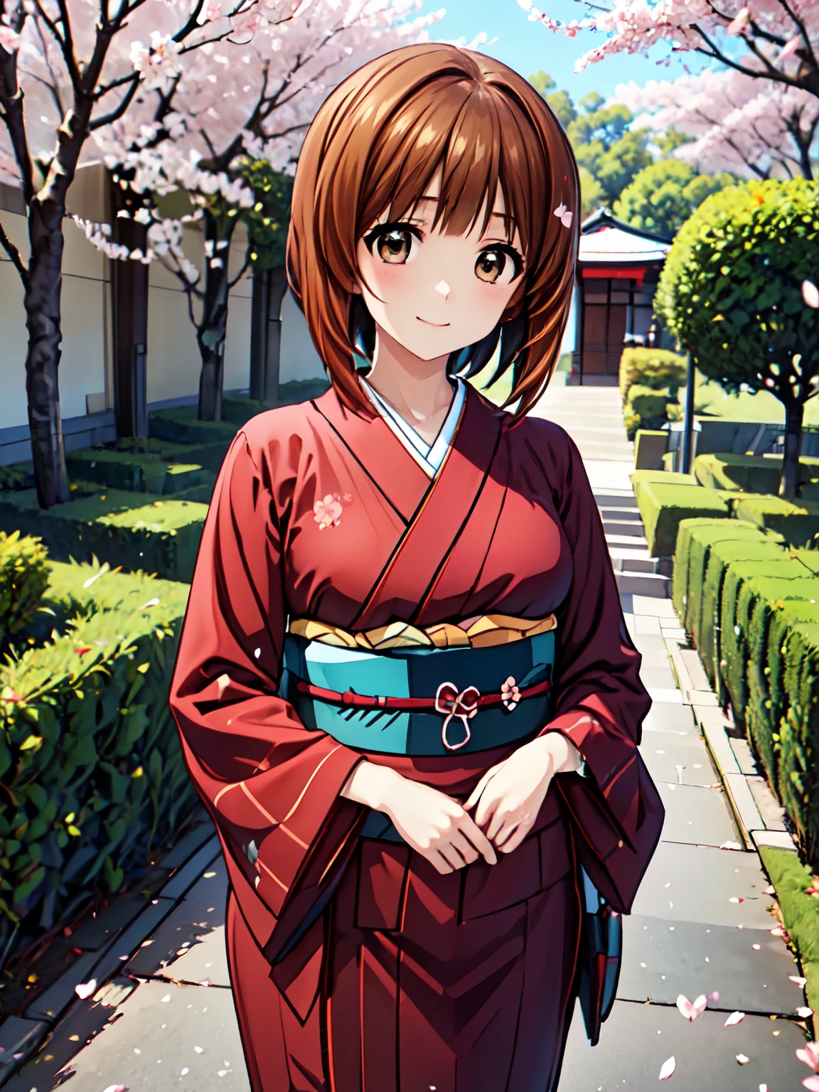 最High image quality, High image quality, High resolution, ( anime illustration style )、Nishizumi、Bobcut、Beautiful brown hair、 very detailed、garden、cherry blossoms、Beautiful cherry blossoms blooming beautifully 、stroll,(Japanese Kimono:1.3),　最High image quality、Smile 4 Ｋ，8Ｋ,(Genuine、Genuine志向、写真Genuine志向:1.5）、High resolution、超High resolution、Ultra-high definition paintings、 Attractive beautiful eyes、 ( beautiful eyes drawn in detail:1.2), Ultra-detailed, figure,Beautiful detailed eyes,