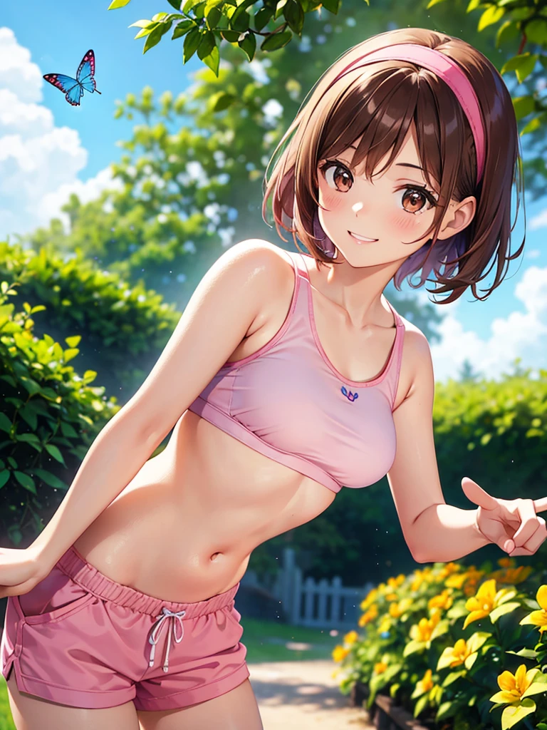 Alison Brie, 30 years old. Unkempt brown hair tied up in a ponytail. She wears the top of a hot pink bikini, bandeau neckline with straps. Wear jean shorts. She goes barefoot. She is dancing, arms outstretched, eyes closed, she is happy, she feels free, carefree. Defocused background of a garden. Airbrush painting, sharp focus, vivid colors
