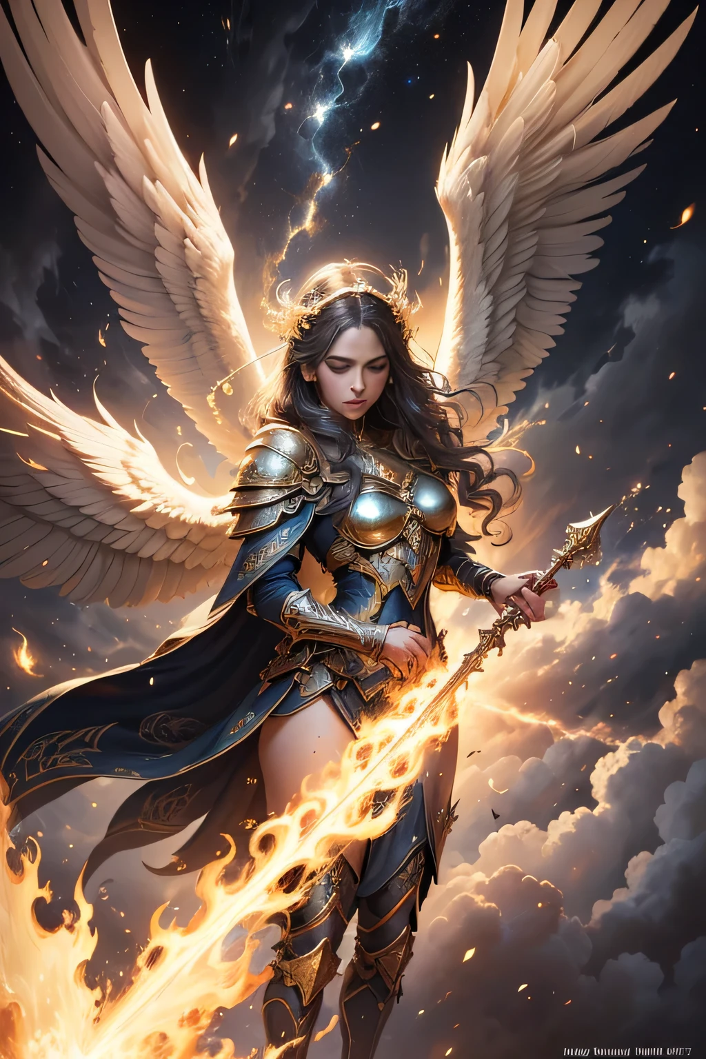 Pintura de una mujer con alas y un halo parada frente a un fuego, con ardientes alas doradas de llamas, Diosa del Fuego, Diosa de la ira, con ardientes alas doradas, aparece como la diosa del fuego, Arte del hechizo del fuego sagrado, tall female angel, Diosa del Fuego, full - body majestic angel, Diosa de la Luz, Artgerm Julie Bell Beeple, Hechizo de llama sagrada, Vibrant color palette game and super intricate great shadows, pintura mate, minuciosamente detallado, fino y delicadamente detallado, motor irreal delicadamente detallado con octanaje intrincado, fondo detallado en microminutos, complejidades 3D realzadas, Perfect and super detailed 8K composition, regla de los tercios, motionVFX, Sony Pictures Animation, The Foundry VFX, inmensamente perfecto, perfectamente detallado, intrincadamente definido, definitivamente real, Verdaderamente realista, Realistically epic, por Satori Canton, photography by alberto seveso