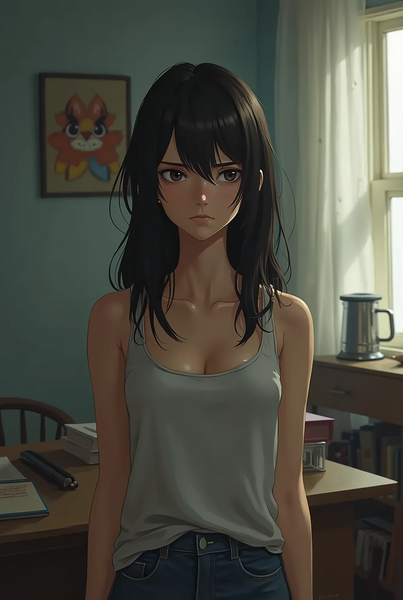High school girl in the bathroom，sit on the floor，Looking at the camera in horror，Wear only a bra on the upper body，Cross your arms in front of your chest to protect your chest，Cross your arms，