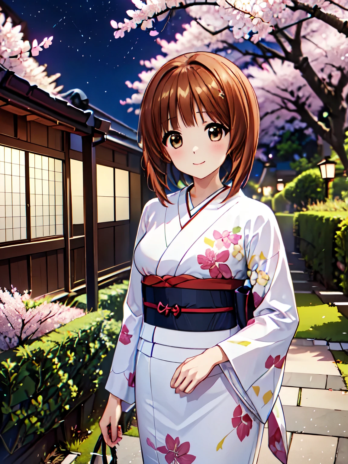 最High image quality, High image quality, High resolution, ( anime illustration style )、Nishizumi Miho、(night、night桜、night空:1.5)、Bobcut、Beautiful brown hair、 very detailed、garden、cherry blossoms、Beautiful cherry blossoms blooming beautifully 、stroll,(Japanese Kimono:1.3),　最High image quality、Smile 4 Ｋ，8Ｋ,(Genuine、Genuine志向、写真Genuine志向:1.5）、High resolution、超High resolution、Ultra-high definition paintings、 Attractive beautiful eyes、 ( beautiful eyes drawn in detail:1.2), Ultra-detailed, figure,Beautiful detailed eyes,