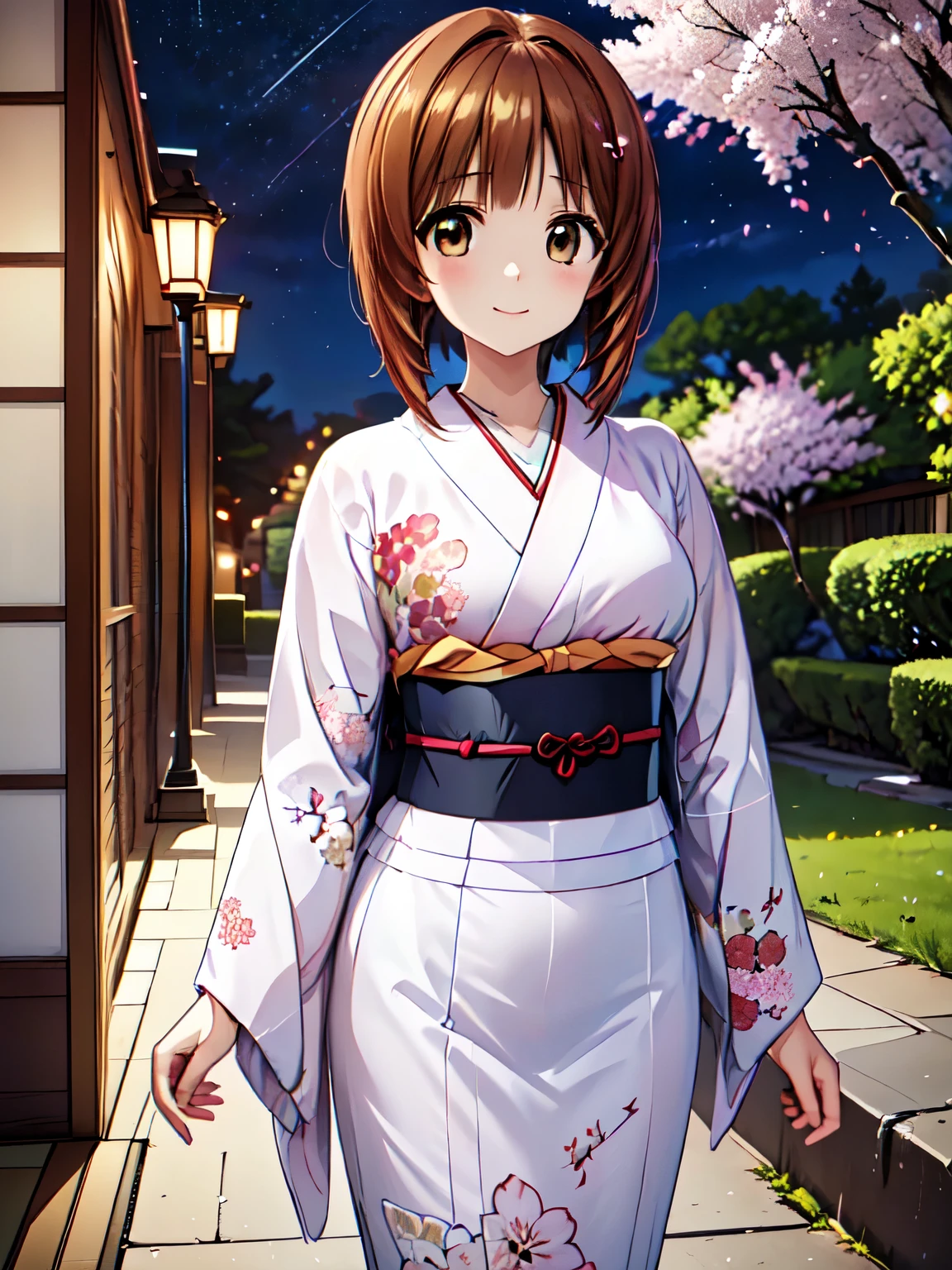 最High image quality, High image quality, High resolution, ( anime illustration style )、Nishizumi Miho、(night、night桜、night空:1.5)、Bobcut、Beautiful brown hair、 very detailed、garden、cherry blossoms、Beautiful cherry blossoms blooming beautifully 、stroll,(Japanese Kimono:1.3),　最High image quality、Smile 4 Ｋ，8Ｋ,(Genuine、Genuine志向、写真Genuine志向:1.5）、High resolution、超High resolution、Ultra-high definition paintings、 Attractive beautiful eyes、 ( beautiful eyes drawn in detail:1.2), Ultra-detailed, figure,Beautiful detailed eyes,