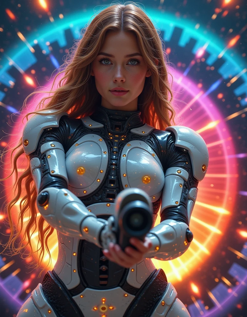 Attractive woman, gunner, cyborg, Realistic Baby, break: Attractive woman, Detailed and accurate mechanical joints, A seamless fusion of human beauty and precision machinery, Mature adult sexuality, break Detailed and realistic skin texture, Precision mechanical joints, Smooth-moving parts, Pneumatic hose, Charming Cleave, break Clear Red Eyes, Aesthetic illumination, break Transparent full color, Holographic Hair, Smooth facial expression, break Ultra-realism, Detailed and realistic skin texture, Detailed and intricate texture, Intricate and complex brushwork, Detailed and vivid depiction, Anatomically correct, Absurd aesthetics, break Attack with a sophisticated and high-performance beam rifle, Get closer to your audience while avoiding enemy attacks, break Leaning forward to approach the viewer, Firing at the audience, Oncoming Bullets, Motion blur to highlight approaching bullets' track, Combat Ready, break Space War, Beautiful space combat, Transparent full color, Amazing rainbow colors, Bold and, 1mlgp1