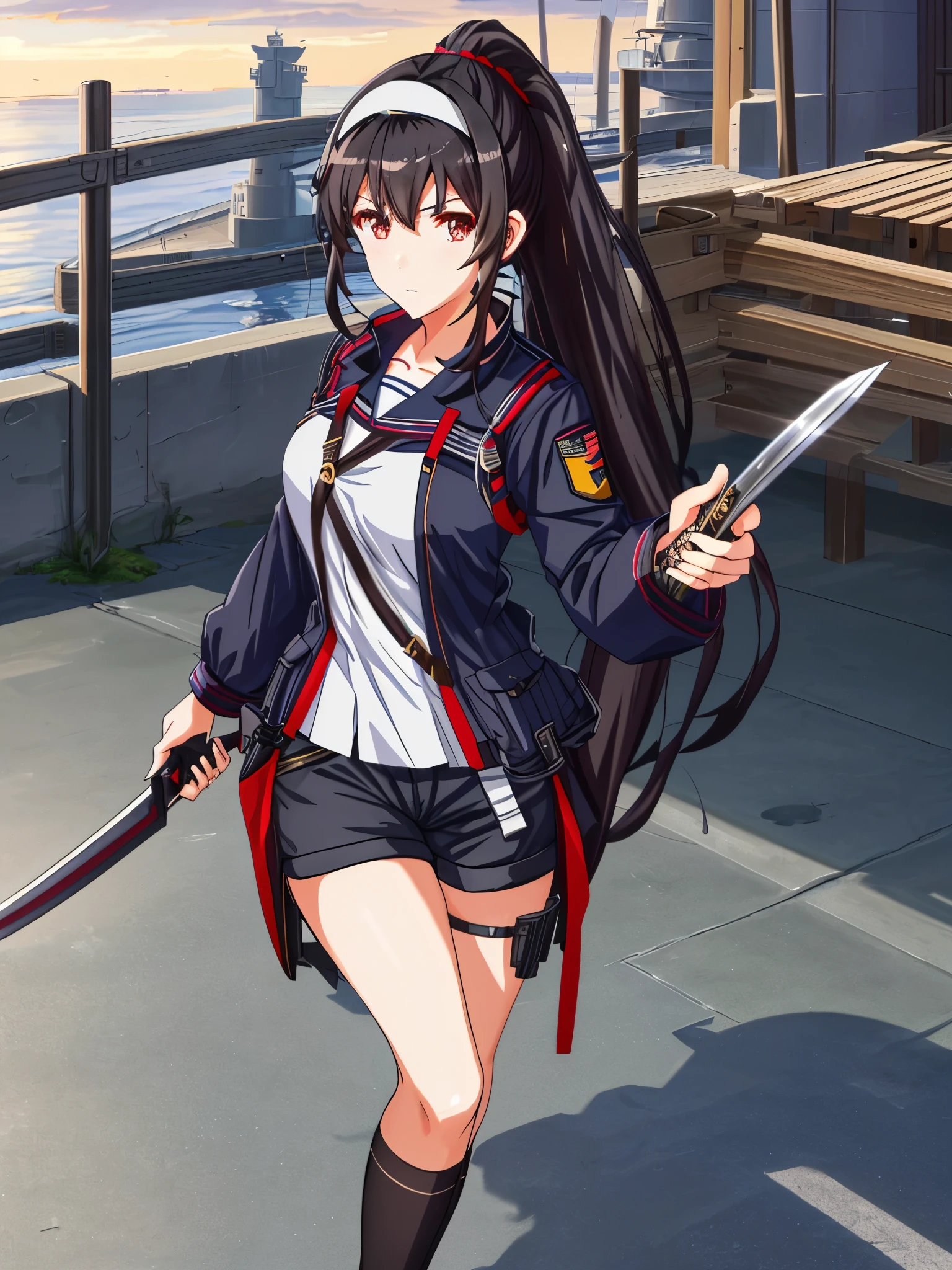 Best Quality, masutepiece, long hair, looking at viewer, 1girls, black hair, white background, holding, brown eyes, very long hair, hair pulled back, forehead, ponytail, standing, full body, weapon, shorts, sword, holding weapon, military, holding sword, asymmetrical legwear, military vehicle, watercraft, ship, warship, (ponytail forehead hair pulled back:1.3), (black hair:1.3), anime style, from girls frontline, fine details. girls frontline, girls frontline universe, girls frontline style, girls frontline, girls frontline cg, 2 0 2 2 anime style, 2022 anime style, pixiv contest winner, concept art 2022