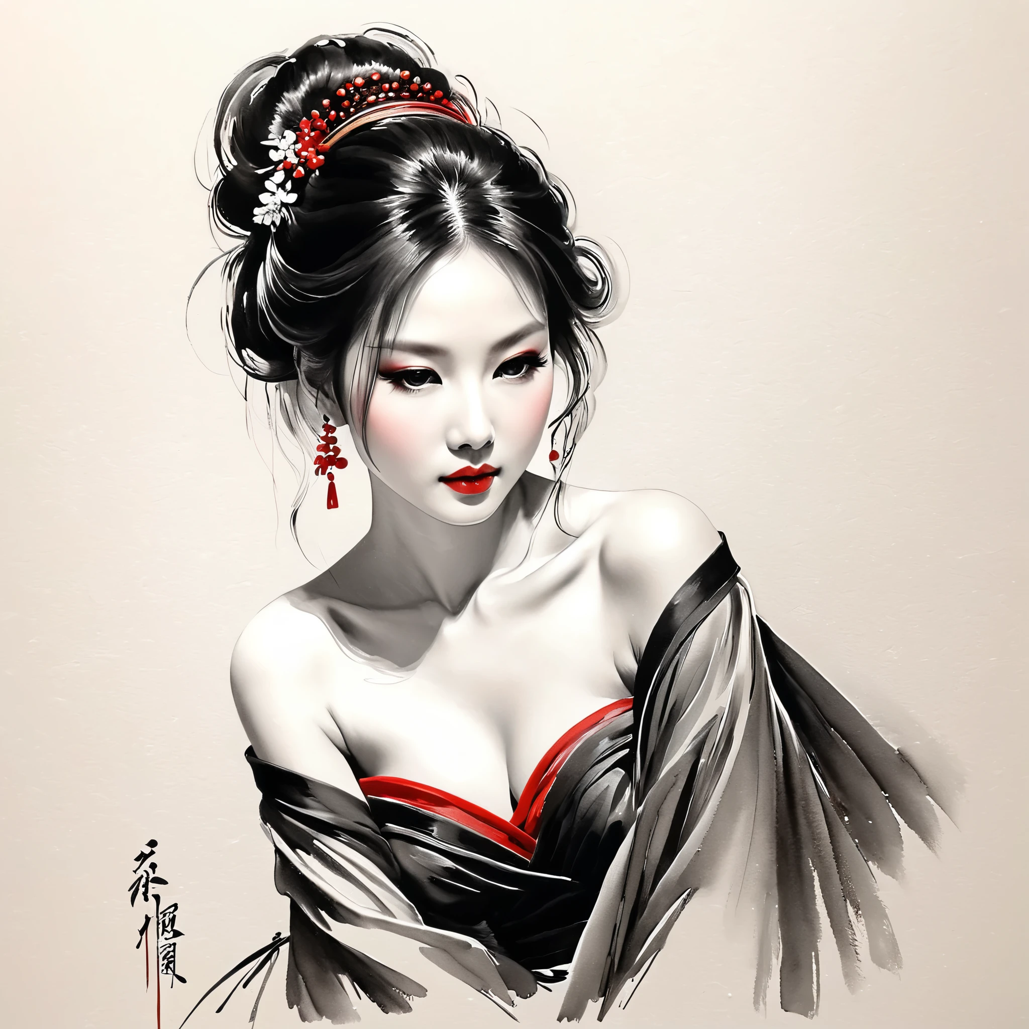 elegant maiden,black and white水墨画,pen sketch drawing,loose brushstrokes, The pen outlines delicate lines,fluid action,subtle ink tones,elegant posture,A peaceful expression,delicate facial features,black and white,clean, small red color .