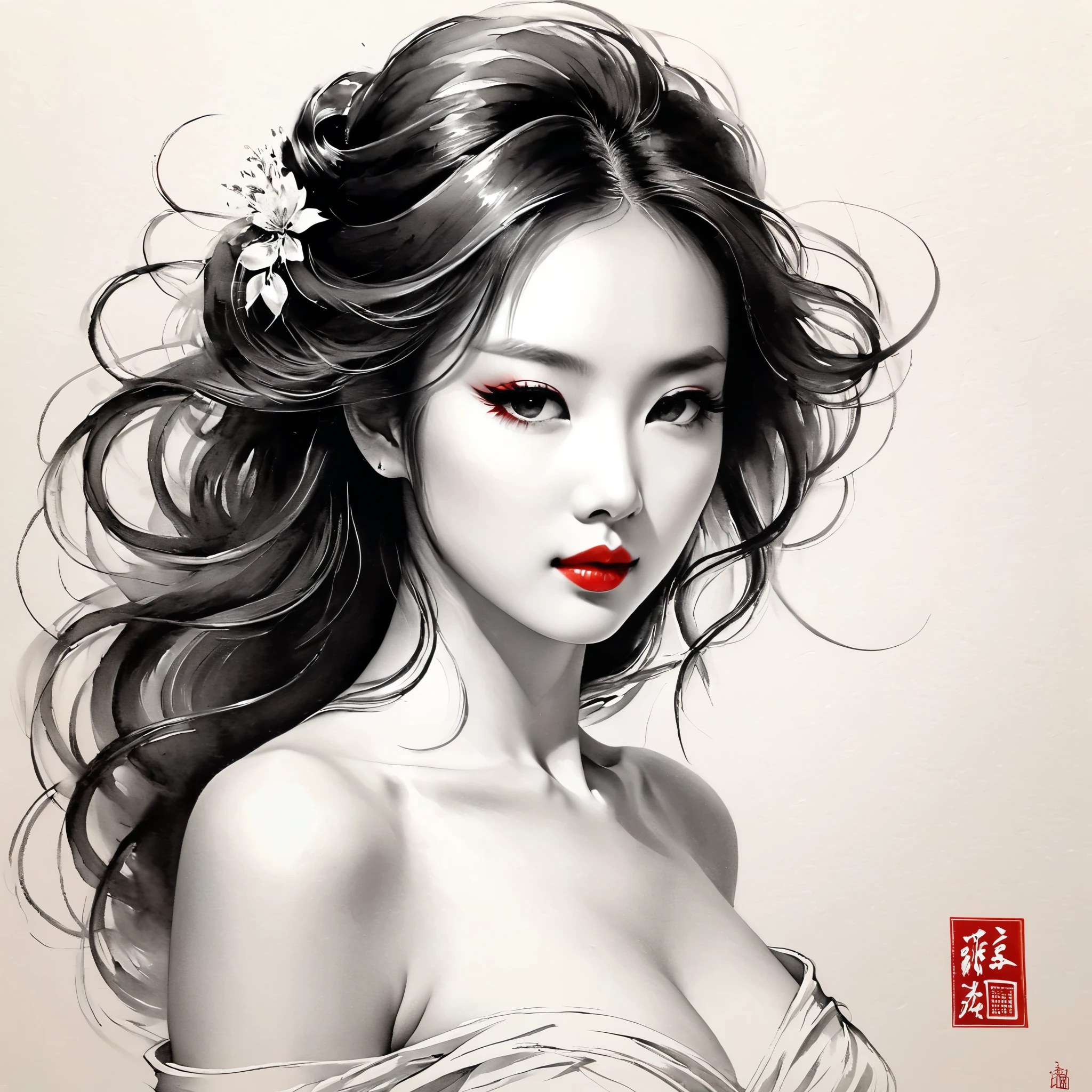 elegant maiden,black and white水墨画,pen sketch drawing,loose brushstrokes, The pen outlines delicate lines,fluid action,subtle ink tones,elegant posture,A peaceful expression,delicate facial features,black and white,clean, small red color .