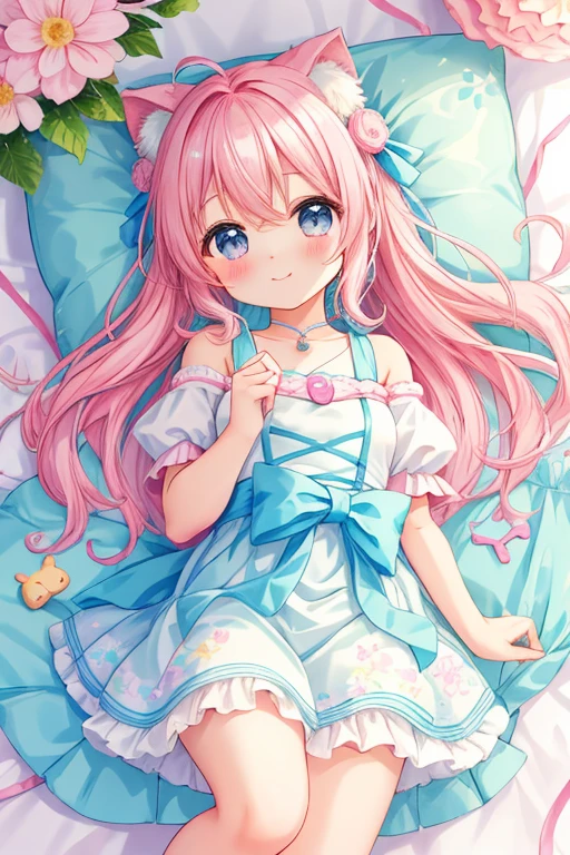 (8K、Top image quality、top-quality、masterpiece)、1 loli、Pink hair、Twin-tailed、light blue eyes、show the grinps、Show your teeth and smile、Smaller chest、(white babydoll)、see-through、sit on a bed、wariza、Taken from above