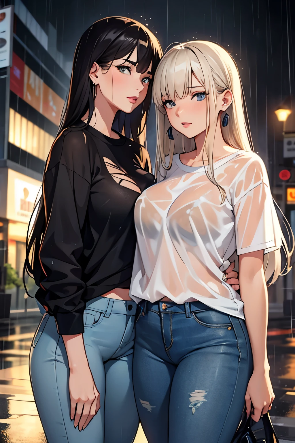 two young woman standing in the rain in the city, wet sheer t-shirt, wet tight jeans, long hair, beautiful face, big earrings, full lipps, heavy rain,