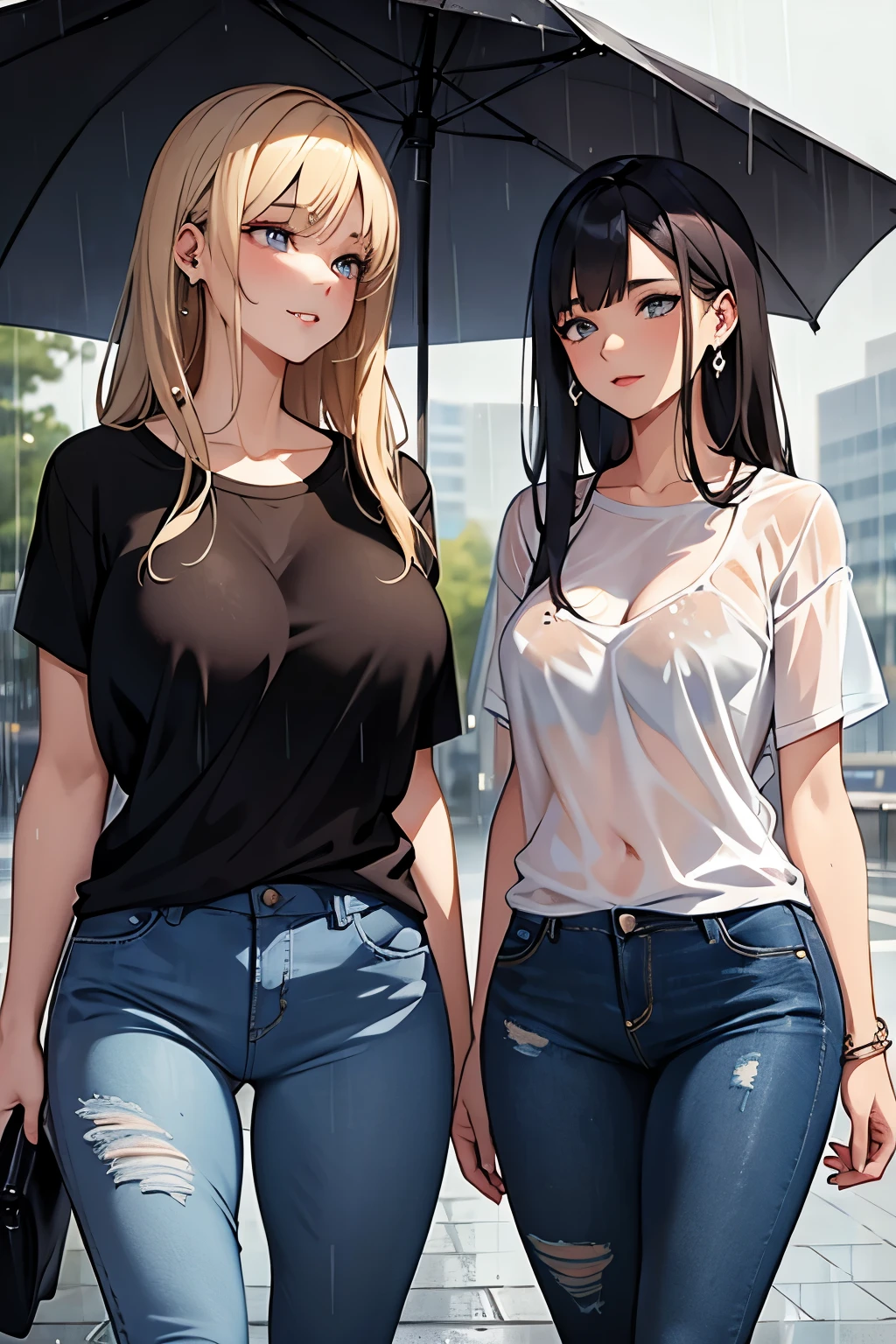 two young woman standing in the rain in the city, wet sheer t-shirt, wet tight jeans, long hair, beautiful face, big earrings, full lipps, heavy rain,