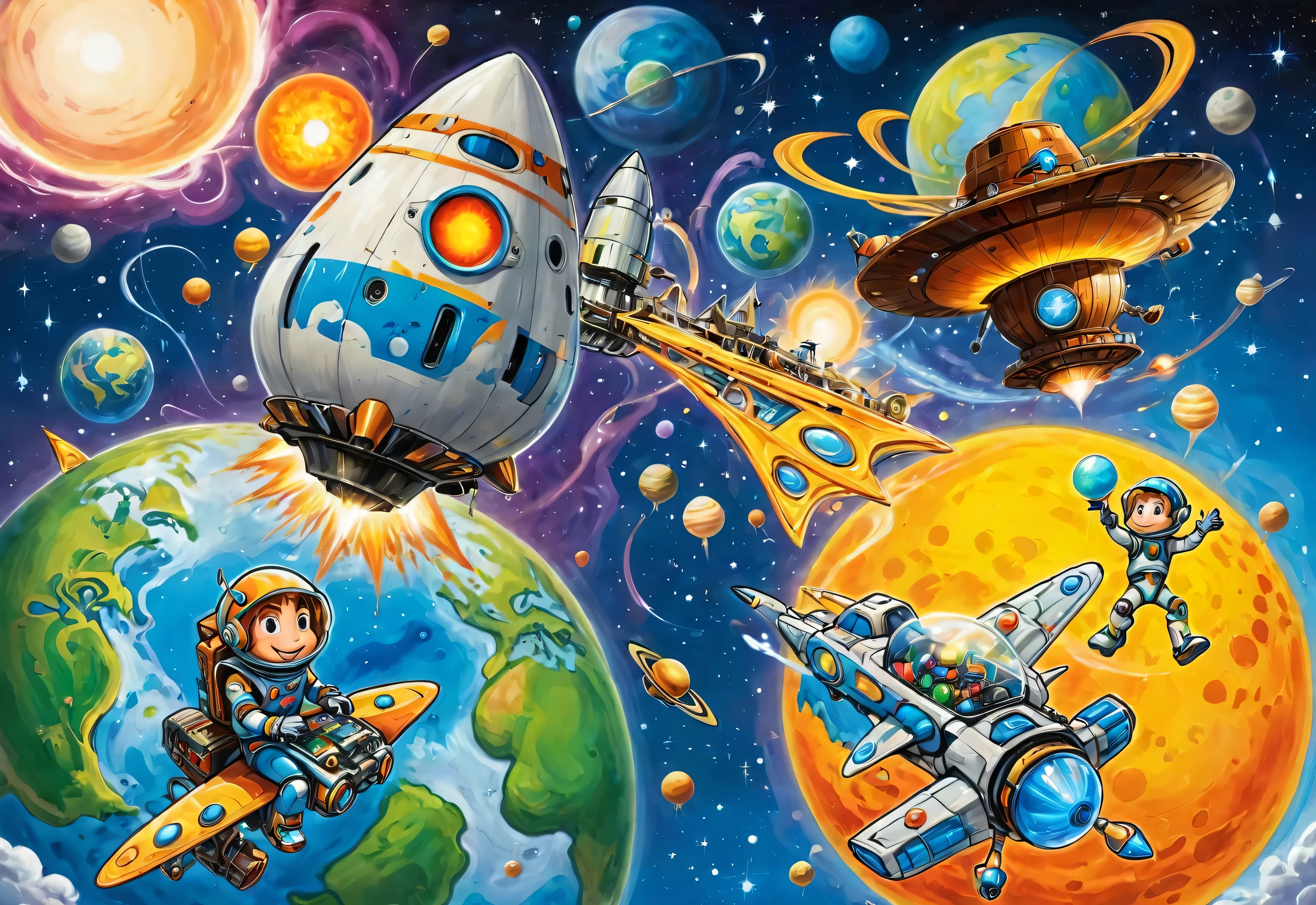 The Earth is connected to other planets in the universe, Space Station was also built on the Moon , rockets firing ,elf们乘坐着帽子一样的飞艇穿梭在太空,Shoe-like cars speeding on connecting tracks。There are robots on the planet , Strange Aliens 。Space,Space Station,future,science and technology,elf。Hand-drawn,Cartoon,Scene Painting,Dreamy scene。