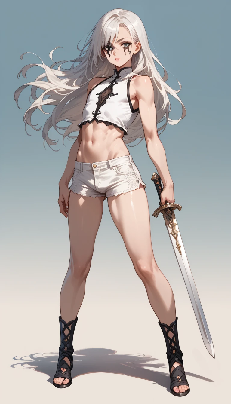 girl, NUDE , cloak, Torn micro shorts ,groin,((flat chest)),Slender,long hair,((((())))),white hair, battlefield
, gun, knife,Beautiful Muscles, hair over left eye, sweet face