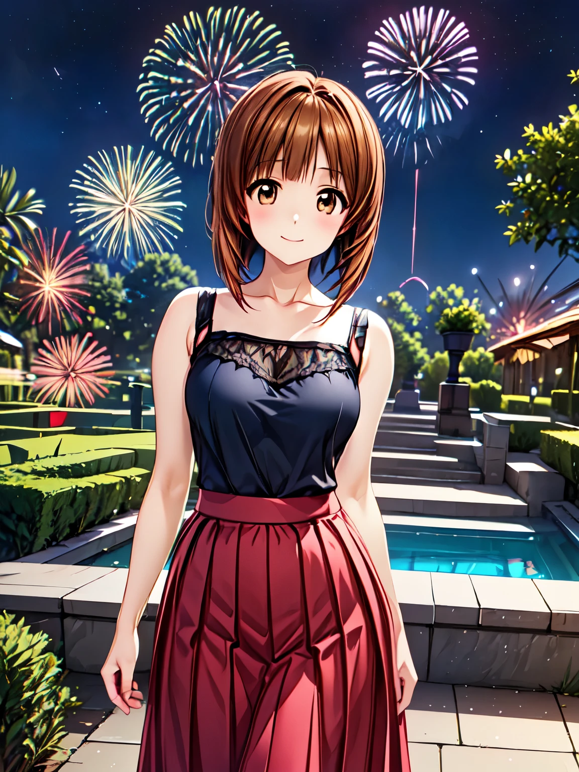 Best Quality, Very high quality,Miho 、Nishizumi、,One Girl、(Anime illustration style:1.2),night、魅力的なnight空、(空に沢山のfirework:1.2)、firework、(Dress,Long skirt:1.5)、8K images、Genuine、 absolute reference to the center、Closed Mouth、smile、 very fine eyes 、Highly detailed face、 Highly Detailed Eyes , cowboy shot, (Genuine, photograph、Realistic:1.2)、