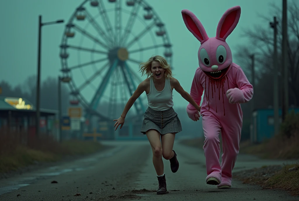 (masterpiece, Best Quality:1.2, Perfect Anatomy),  Isolated Amusement Park , Late Night:1.3, Deserted, Ruined ,  Ferris wheel hazy in the distance ,  bloody rabbit costume, Pink Rabbit,  big white eyes and black eyes , Her mouth is covered in blood ,  wearing red jellyfish , Big Head,  blonde girl running away from a rabbit costume,  short hair,  Sleeveless White Vest , Wearing a jacket,  checked miniskirt ,  dark brown lace-up boots , Movie１scene, Live Action 