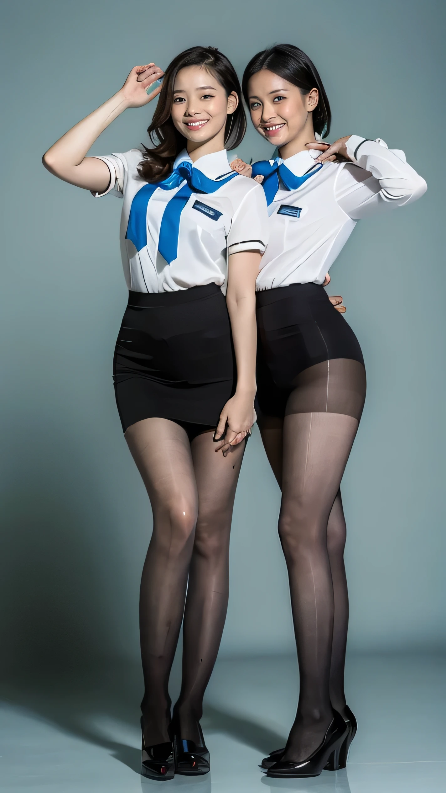 (RAW photo:1.2), (Reality:1.4), Beautiful and delicate woman, Very detailed eyes and faces, A pair of sharp eyes,  super detailed , high resolution, Very detailed,  best quality on the tree, 8K, masterpiece,  best quality on the tree, A group of girls pose for a group photo, Airline stewardess, photo shoot, Airline stewardess uniform, Gray pantyhose, Black shoes, High heel, A bright smile, Standing, Korean makeup, Blue Background, Neon