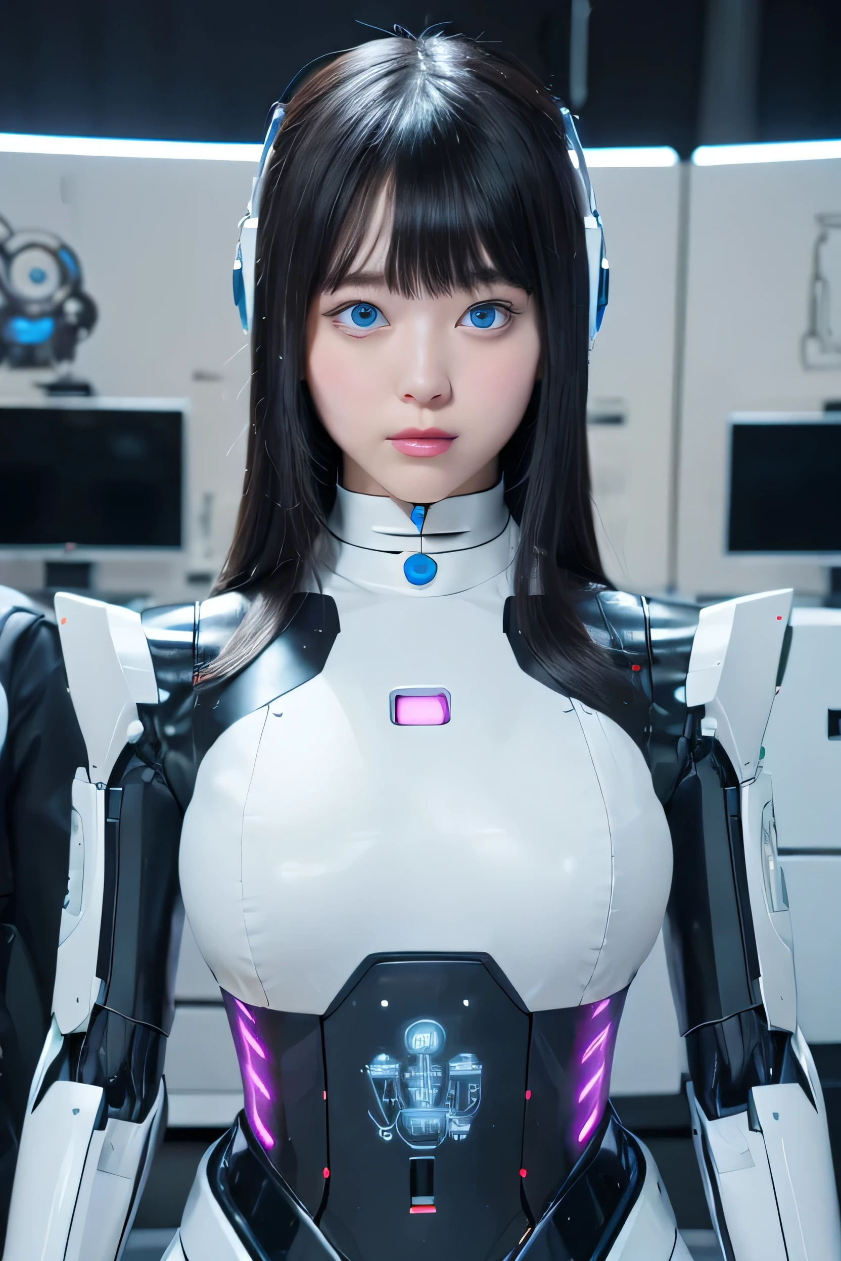 masterpiece, best quality, extremely detailed, 8K portrait,1girl in, Japaese android girl,android teacher,Plump , control panels,android,Droid,Mechanical Hand, ,Robot arms and legs, Black hair,Mechanical body,Blunt bangs,White Robotics Parts,perfect robot woman,Charging spot,perfect mechanical body,white robotics body,android assembly plant,white body,She has repaired,black sponge joints,android,laboratory,perfect machine body,white robot body,blue eyes