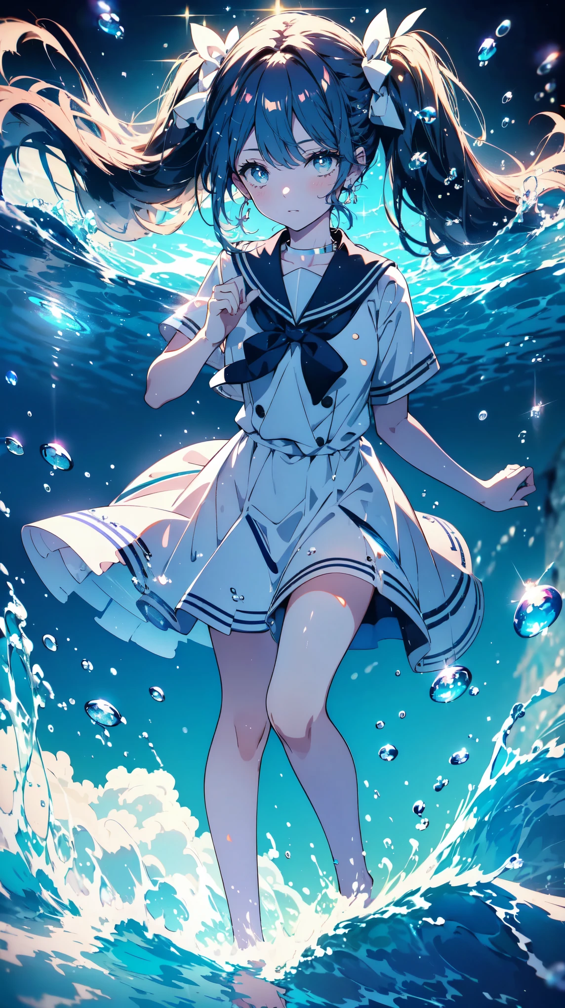 (masterpiece), (best quality), (official art, extremely detailed CG unity 8k wallpaper), (highly detailed), ((absurdres)), 1girl, mid shot, (exquisite facial features),(serafuku:1.3) ((sfw)),((clear hands)), ((white thighhighs without shoes)),aqua eyes, color contact lenses, stars in the eyes, (((colorful bubble))), colourful glass, (album cover)