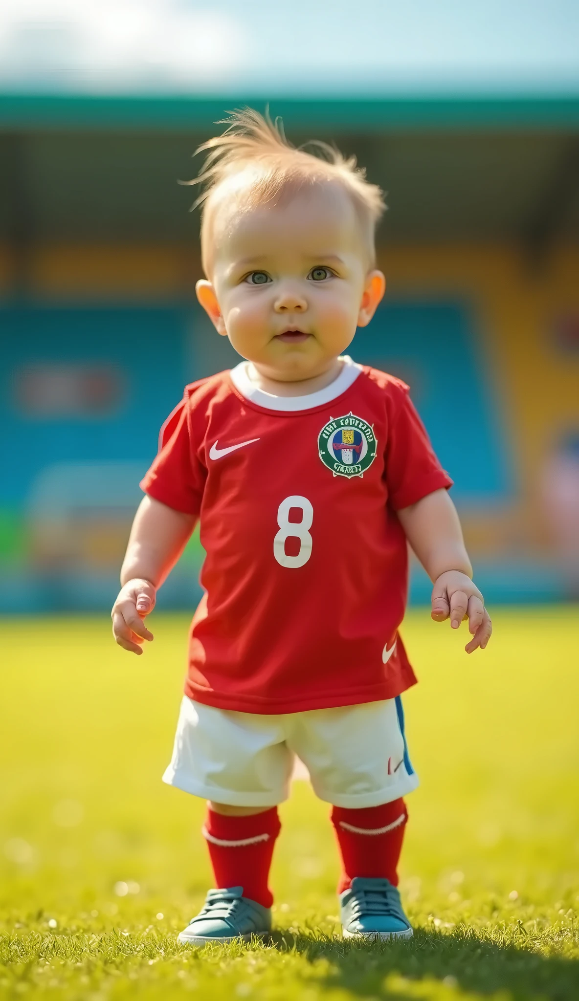 a happy cute ??? standing short hair, vestindo uma fantasia espacial, , White background I would like a Disney Fishmonger style animation in 3D in 4K , with title: Vincenzo , Badigol.
The setting is a soccer field at a match of the Brazilian national team