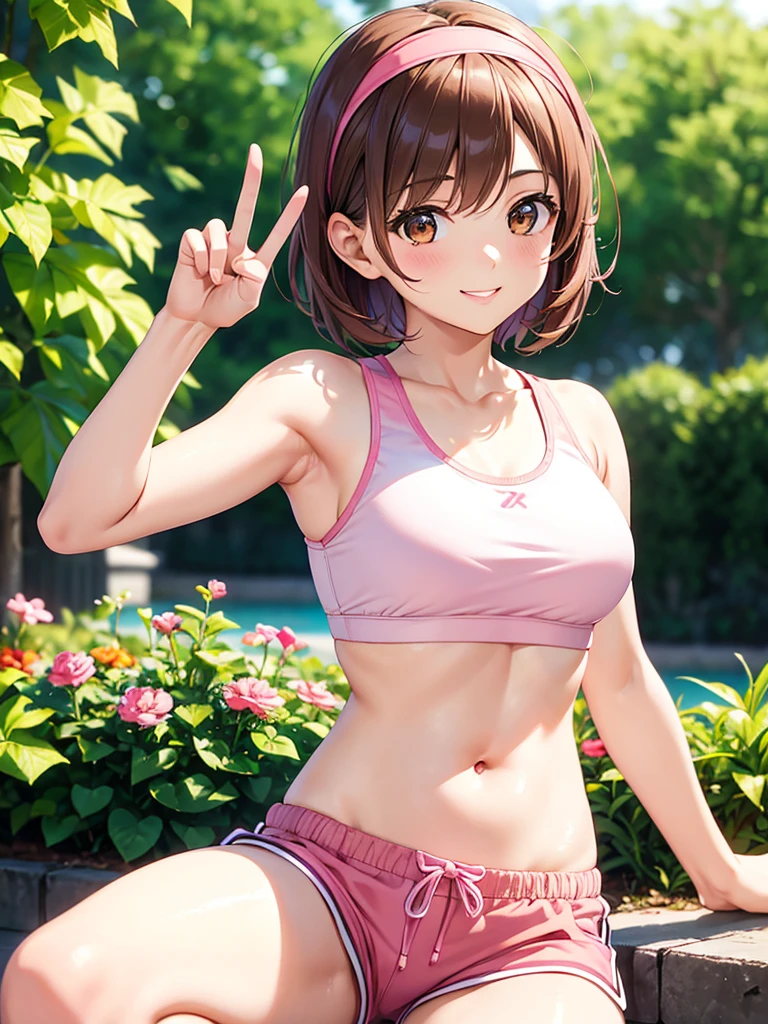 High resolution,cute, Brown Eyes ,Brown Hair,20-year-old woman,solo,Pink sports bra, pink shorts,Pink Hairband,smile,B Cup, short hair,Looking at the camera,Blurred Background,garden,Peace sign,