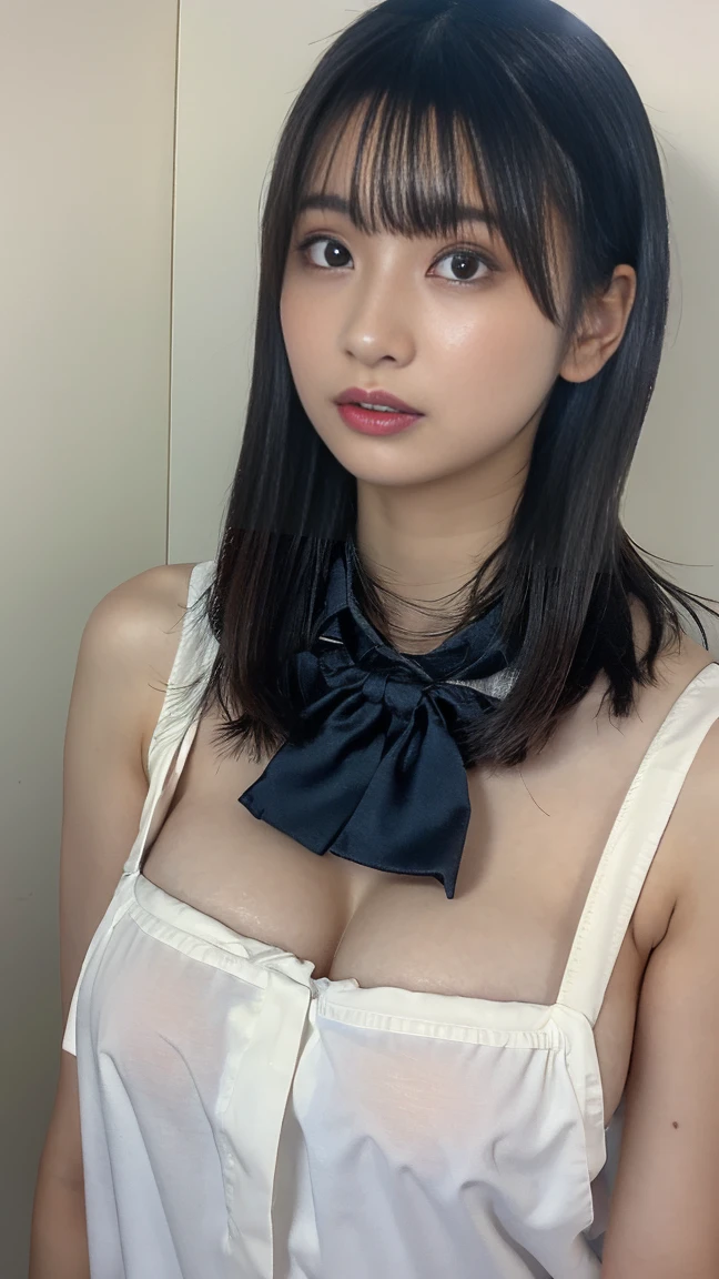 absurdres, (masterpiece, best quality), (ultra-detailed), extremely detailed,super high resolution, (Top Quality photorealistic Illustration), (Super Definition), (best quality,masterpiece:1.0),(cute illustration:1.3), (high Saturation:1.2), highres, ultra-detailed, 32k,8k resolution, intricate details, cinematic scene, detailed background, Soar (High chroma),(Sparkling),bathroom, depth background, in the sandy beach, ocean, splashing, blue sky, windy, rim light, sunlight, beautiful lighting, strong light,BREAK (1 girl) (kawaii:1.6), (cute:1.6), Beautiful and delicate eyes, Delicate and beautiful face, Facial accents, Perfect figure,(open shirt:1.6), (show off nipples:1.6), (exposing bare breasts:1.3), (exposed chest:1.3), (very small breasts:1.7), (small areolas:1.4), Uniforms、bright expression、poneyTail、Young shiny shiny white shiny skin、Best Looks、Natural black hair with dazzling highlights、shiny light hair,、Super long silky straight hair、Beautiful bangs that shine、Double eyelids、eye liner、Glowing crystal clear attractive big brown eyes、Very beautiful nice cute 14 year old Nordic girl、
