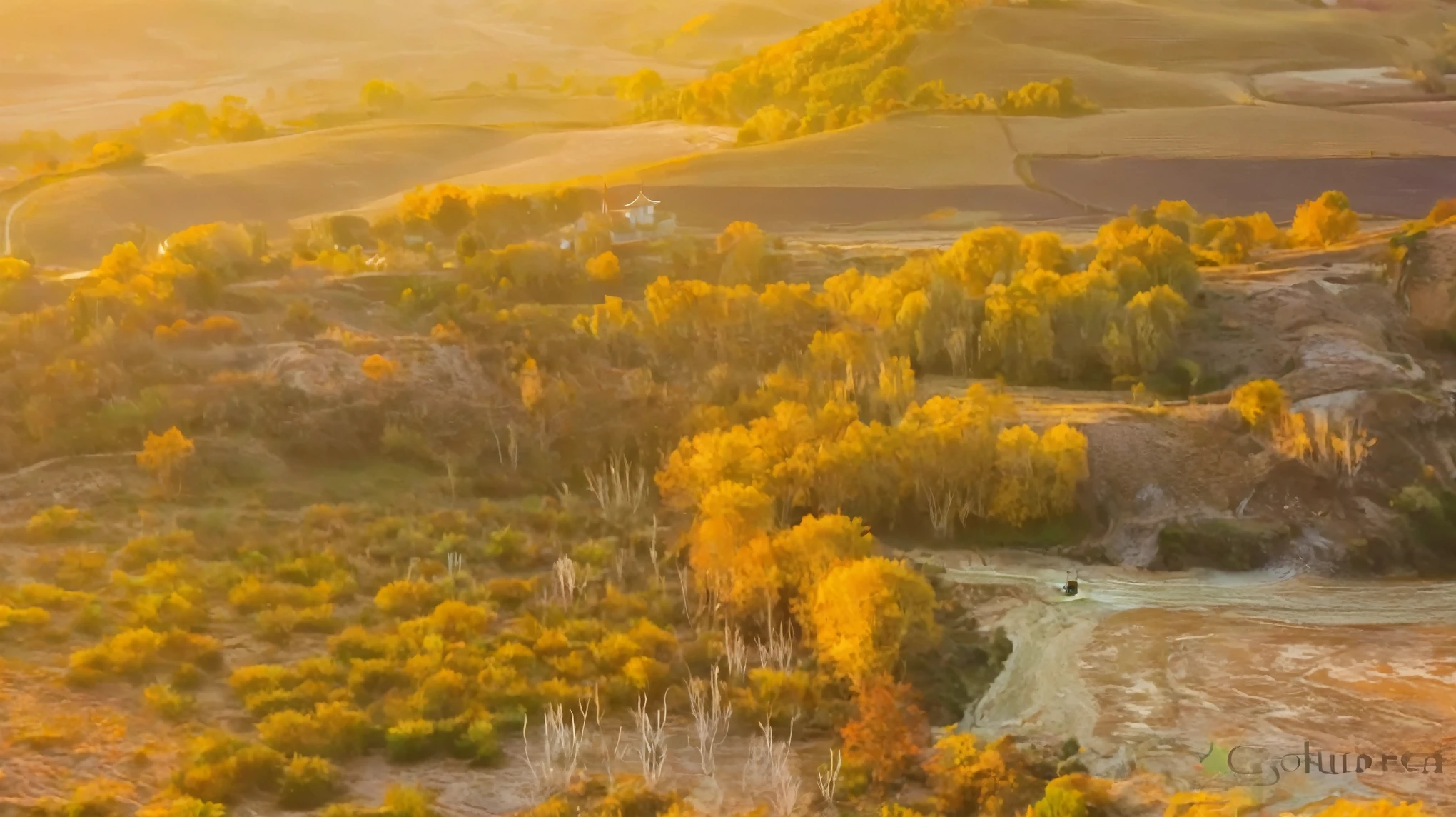 views of Allaverde in a rural area with rivers and trees, autumn sunrise warm light , gold晨曦, Autumn sunset, Autumn Light, gold的秋天, Soft autumn light, gold色调, Movie scene of the Silk Road , Colorful scenery, gold草原, Sunny amber morning light , In the prime time, gold, Autumn sunshine
