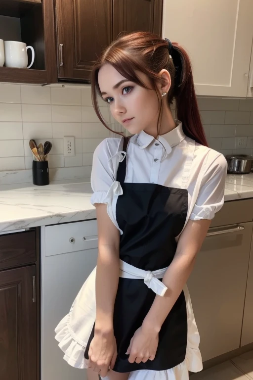 masterpiece,(Best Quality, Genuine,Detailed face:1.3),(One Girl,Alone:1.3),Beautiful detailed eyes,  apron, gradient_background, gradient, Maid, Purple eyes,red hair,Small breasts,, break, enMaided, white_apron, black_dress,  ponytail, black_shoes, Frilled_apron, dress, Maid_apron, replace_hair,very long hair, _ ponytail, halo 