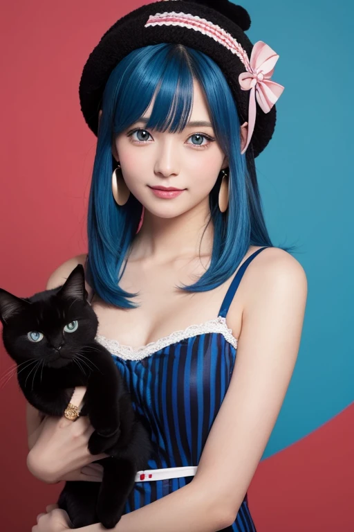 (masterpiece:1.2), highest quality,pixiv,sweet girl portrait,1 girl, teddy bear, stuffed animals, Stuffed black cat, alone, holding, have, holding ぬいぐるみ,hair ornaments,earrings, Sparkling,jewelry,hair clip, looking at the viewer,closed mouth, delicate makeup,bangs,tattoo, cas,knit hat,blue color hair color, blue eyes, red background, Valentine, chocolate, Full of heart,ribbon,nail polish, shirt,Tight dress,cas,two-tone background, vertical stripes, hair ring, smile, Waist-length fluffy hair,
