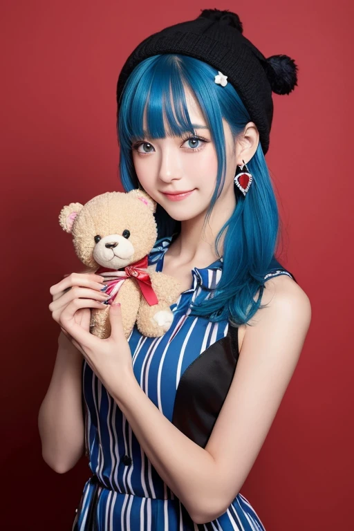 (masterpiece:1.2), highest quality,pixiv,sweet girl portrait,1 girl, teddy bear, stuffed animals, Stuffed black cat, alone, holding, have, holding ぬいぐるみ,hair ornaments,earrings, Sparkling,jewelry,hair clip, looking at the viewer,closed mouth, delicate makeup,bangs,tattoo, cas,knit hat,blue color hair color, blue eyes, red background, Valentine, chocolate, Full of heart,ribbon,nail polish, shirt,Tight dress,cas,two-tone background, vertical stripes, hair ring, smile, Waist-length fluffy hair,
