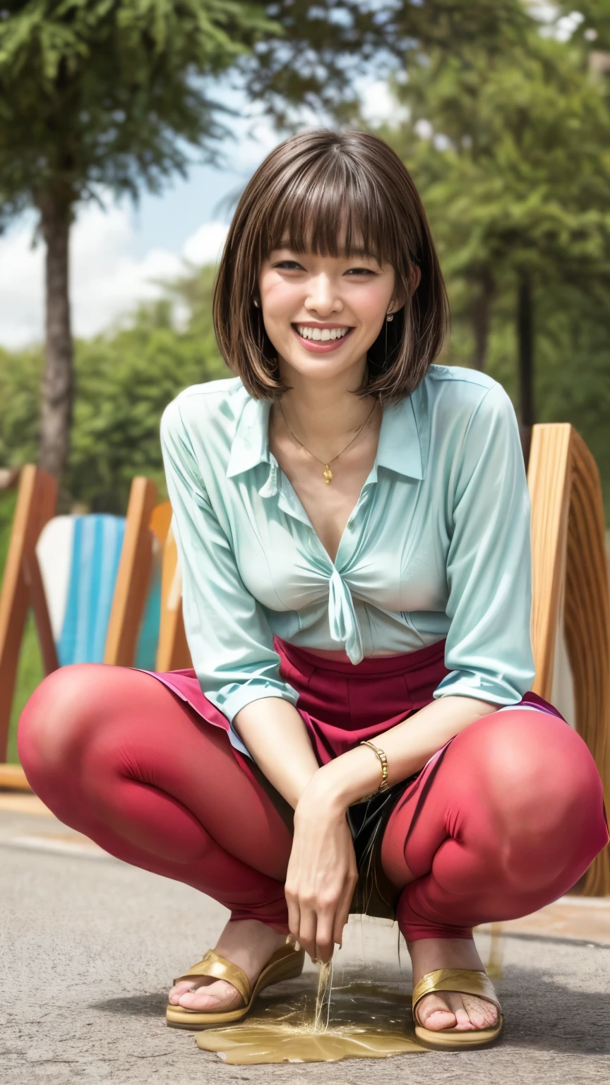 (realistic, photo-realistic:1.2), (best quality, masterpiece), RAW photo, high resolution, intricate details, extremely detailed, insanely detailed, incredibly detailed, sharp focus, looking at the camera, solo, a 33yo Japanese woman, supermodel, (blouse,skirt:1.4), slender, tall woman, slim and thin body, (smaller face:1.5), (flat chest, poor size bust:1.8), (bob cut, blunt bangs), pale skin, (detailed face, beautiful detailed eyes, sophisticated nose), (big smile, teeth out:1.2), necklace, bracelet, earrings, jewelry, high-heel-sandals, (squatting with spread legs apart, open crotch, peeing self, urinate a lot, shiny urine, urination:1.6), (pee puddle), (view from below:1.3), photo background, outdoors, large park, concrete, blue sky and clouds,