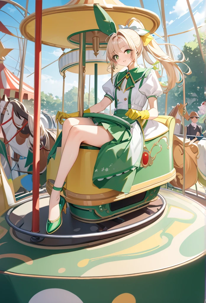  、Brown maid outfit,Strap Pumps,Low heels,One Girl, Alone,amusement park,((Spin and ride the merry-go-round ,I'm riding in a horse-drawn carriage that's spinning so much ))Unity 8K Wallpapers、32K、masterpiece、 very detailed、Ultra-high resolution、 very detailedな顔、RAW Photos、professional、Ultra-fine painting、Magical Fairy Swordsman Leafa、Blonde Long Hair、White hair ribbon、green eyes、Green magical girl costume、Blonde ponytail、White hair ribbon、 yellow ribbon with large emerald brooch 、 white pleated skirt with green lines 、Green and yellow long gloves、 green thigh stiletto heel boots with gold molding、