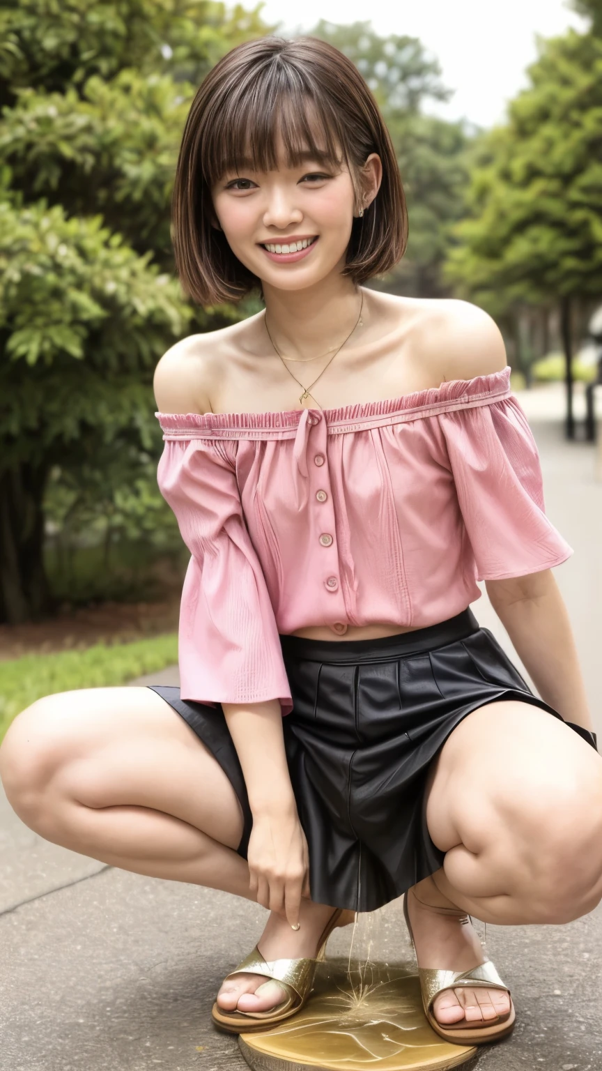 (realistic, photo-realistic:1.2), (best quality, masterpiece), RAW photo, high resolution, intricate details, extremely detailed, insanely detailed, incredibly detailed, sharp focus, looking at the camera, solo, a 33yo Japanese woman, supermodel, (off shoulder blouse,skirt:1.4), tall woman, slender, slim and thin body, thin legs, bare legs, (smaller face:1.5), (flat chest, poor size bust:1.8), (bob cut, blunt bangs), pale skin, (detailed face, beautiful detailed eyes, sophisticated nose), (big smile, teeth out:1.2), necklace, bracelet, earrings, jewelry, high-heel-sandals, (squatting with spread legs apart, open crotch, peeing self, urinate a lot, shiny urine, urination:1.6), (pee puddle), (view from below:1.3), photo background, outdoors, large park, concrete, blue sky and clouds,