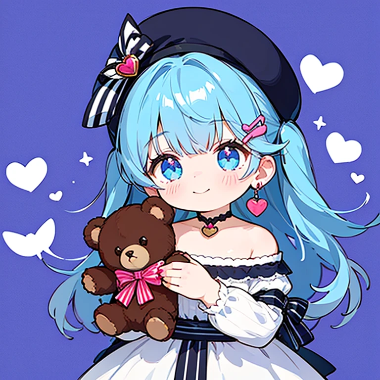 (masterpiece:1.2), highest quality,pixiv,sweet girl portrait,1 girl, teddy bear, stuffed animals, Stuffed black cat, alone, holding, have, holding ぬいぐるみ,hair ornaments,earrings, Sparkling,jewelry,hair clip, looking at the viewer,closed mouth, delicate makeup,bangs,tattoo, cas,knit hat,blue color hair color, blue eyes, red background, Valentine, chocolate, Full of heart,ribbon,nail polish, shirt,Tight dress,cas,two-tone background, vertical stripes, hair ring, smile, Waist-length fluffy hair,